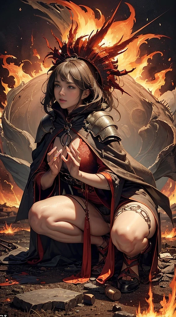 ((femele、magic power、Wearing flames、cloaks、In flames、Wasteland、Super Long Shot、Looking away):1.u can wear something sheer, Fiery dresses、Wrap the udder、Areola does not come out、 Don't come out、Bras of any color、Large area of the bra,、Put on a bra、Boobs of all sizes、Women have pubic hair、Pubic hair sticking out of panties、Pubic hair all over the lower abdomen、Pubic hair up to the thighs、Quite a lot of pubic hair、Don't trim your pubic hair、large area of panties,,、Panties of any color、Wearing panties、 with fingertips、Crotch with fingertips、Pubic hair with your fingertips、Lower body is thin、Do not open your knees wide、Blushing、squinted、Thin laughter、Not a、No matter what hairstyle、From every angle、Any pose、There are also crouching poses、There is also a cross-legged pose.、