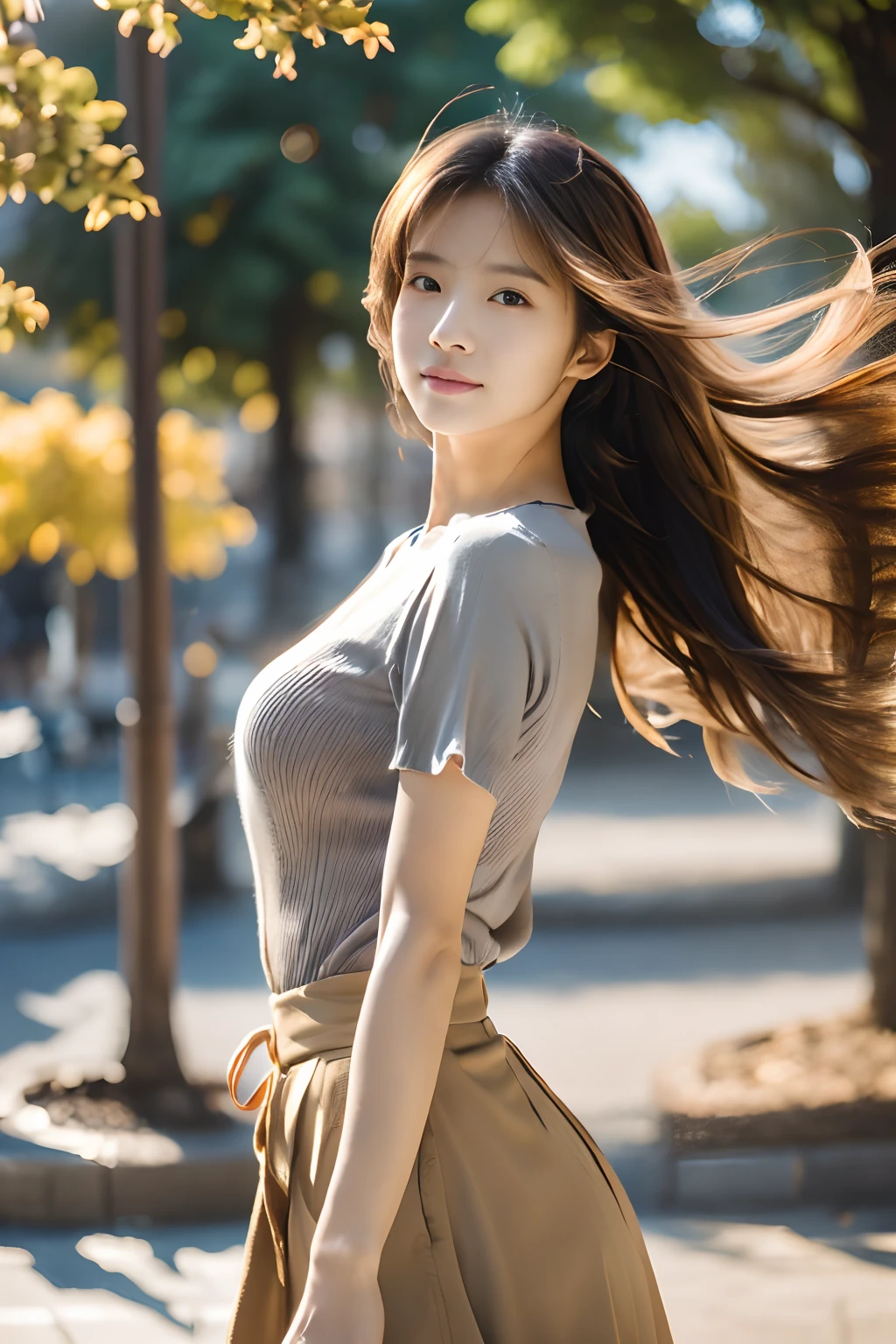 Photo of stunning beautiful woman standing in dynamic sexy pose, (Endless Long Extra Long brown Hair),(blown by the wind) ((Her wind-blown hair is、Fluttering around her: 1.5)) Pose in the city center of Paris Nice Park in the back, Wearing (Grey knitted shirt、Red bean-colored long skirt、), (Lighting-Gold:1.3), (masutepiece) (Photorealistic:1.7) (Best Quality), dynamic compositions, (colour grading) (Detailed skin:1.5) (Convoluted) (16 K) (nffsw) (Cinematic lighting:1.4) (Sharp Focus), (wind blowing hair:1.5)、smil、