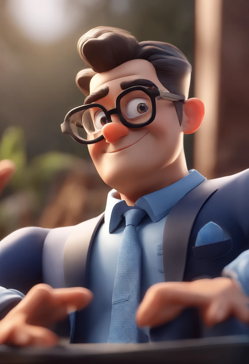 Cartoon character of a man with black glasses and a blue shirt, animation character, Caractere estilizado, animation style rendering, 3D estilizado, Arnold Maya render, 3 d render stylized, toon render keyshot, Personagem 3D, Personagem 3D, 3d rendering stylized, 3 d character render, personagem de desenho animado, Personagem de close up, Pose de personagem,  (Estilo Pixar) (master part:1.2) (Bokeh) (best quality) (pele detalhada) (textura detalhada) (8k) (argila) (Cinematic lighting) (foco nítido