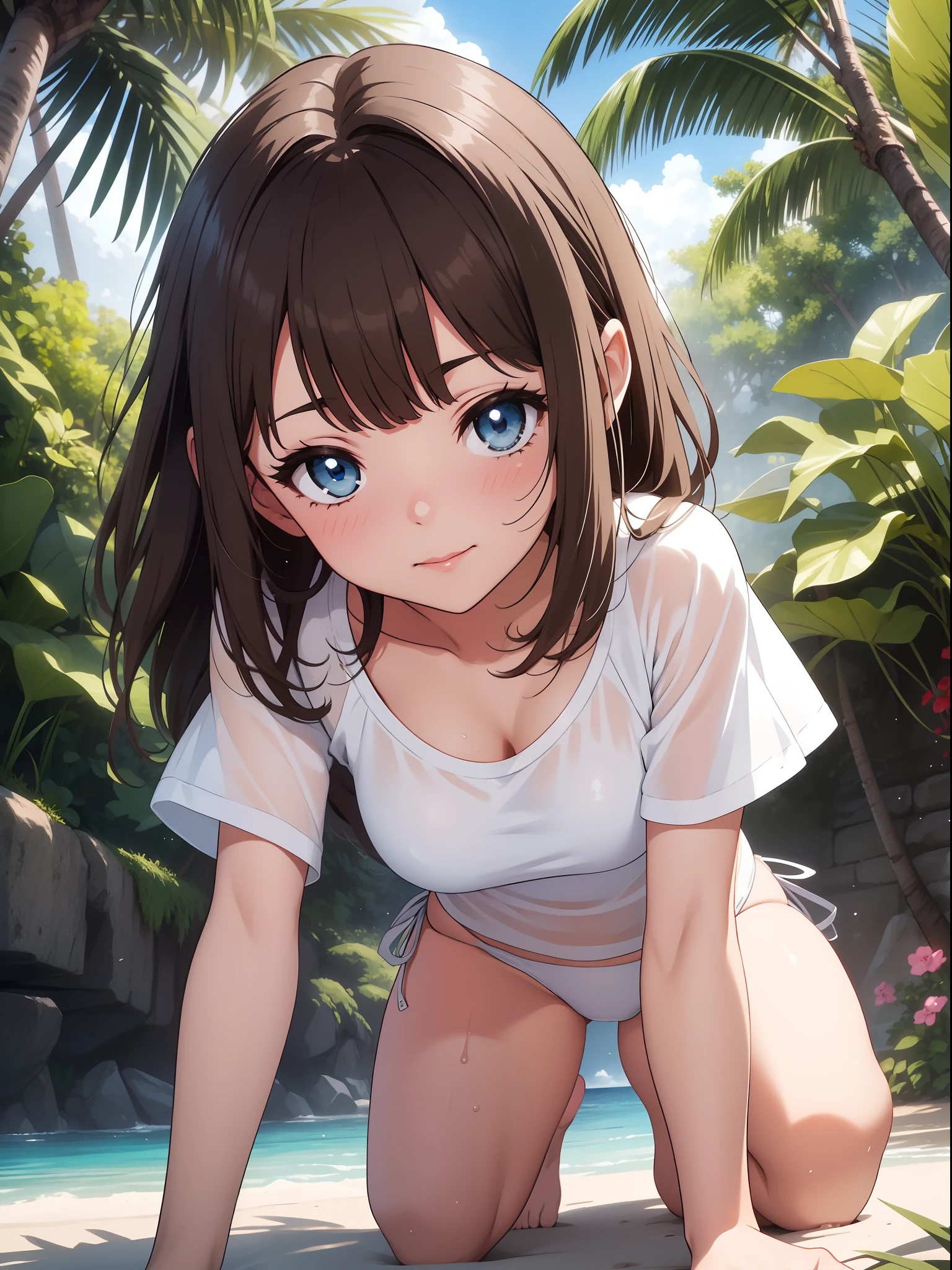 Official art、Top quality ultra-detailed CG art、White swimwear：１.２）、Brown hair、lively girl、white t-shirts、Transcendent Cute、kirakira、ssmile、Hide and seek、crouching down
