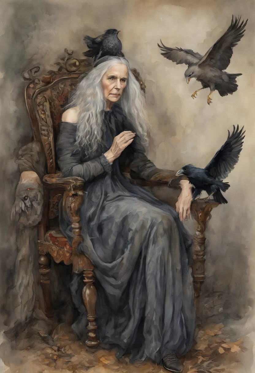 A wise and weathered witch with long gray hair, sitting on a velvet-lined Cardelou chair, with the majestic crow of Sonistre, sitting on her shoulder.
Mystical atmosphere, Muted colors, Enchanting composition, Camera of Canon EOS R5, Пленка Fujifilm Pro 400H, 85 mm lens, soft focus, Guillermo del Toro, Tim Burton, Terry Gillingham, Alexander McQueen, Vivienne Westwood