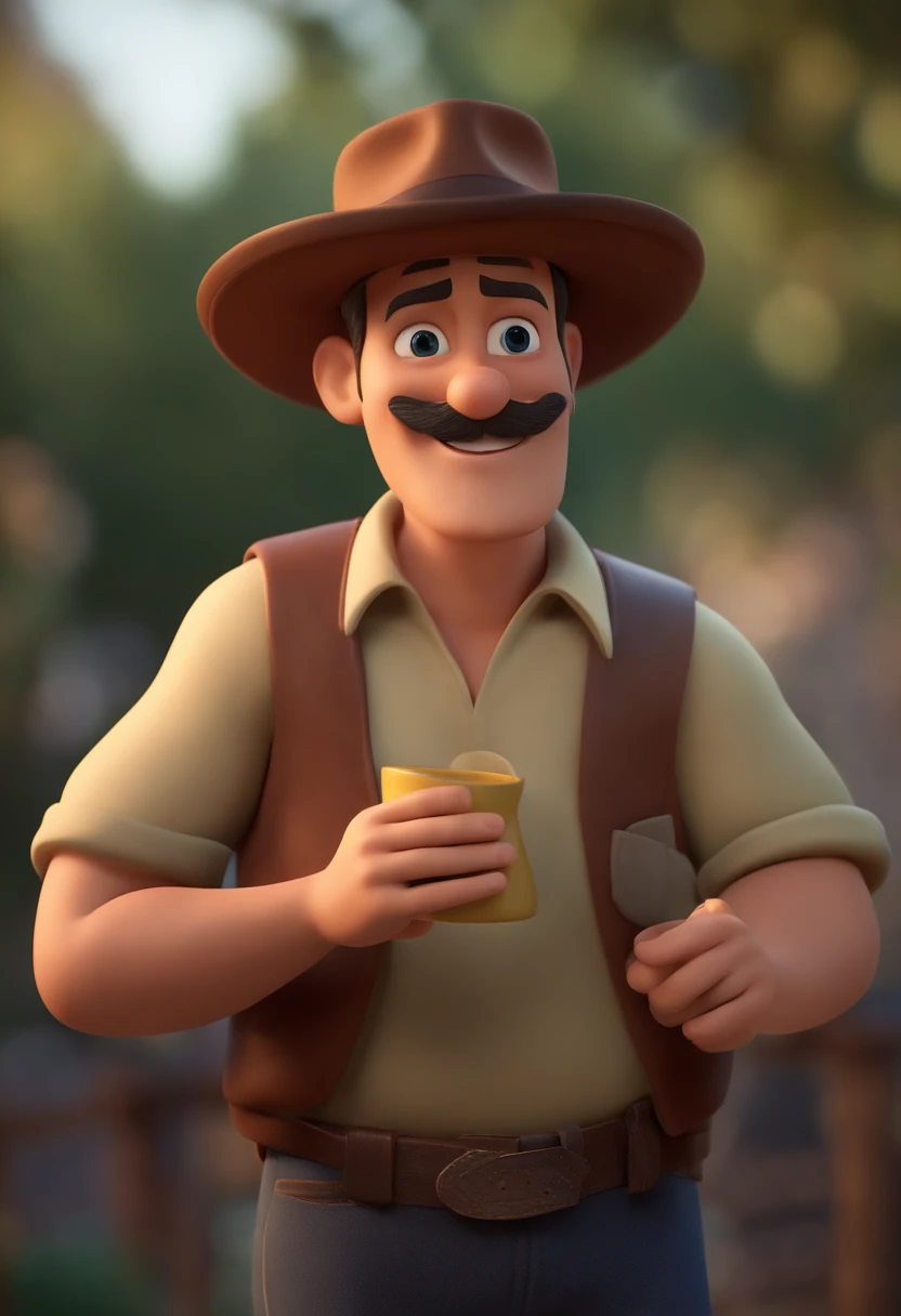 Criar uma imagem de um homem de 51 anos, sorrindo, without glasses, barba por fazer, Wearing an Australian hat, sendo musculoso. In the picture, the man must be holding a cup of coffee. o estilo da imagem deve ser ser pixar- disney 3 d. Caractere estilizado, animation style rendering, 3D estilizado, Arnold Maya render, 3 d render stylized, toon render keyshot, Personagem 3D, Personagem 3D, 3d rendering stylized, 3 d character render, personagem de desenho animado, Personagem de close up, Pose de personagem, (Estilo Pixar) (master part:1.2) (Bokeh) (best quality) (pele detalhada) (textura detalhada) (8k) (argila) (Cinematic lighting) (foco nítido