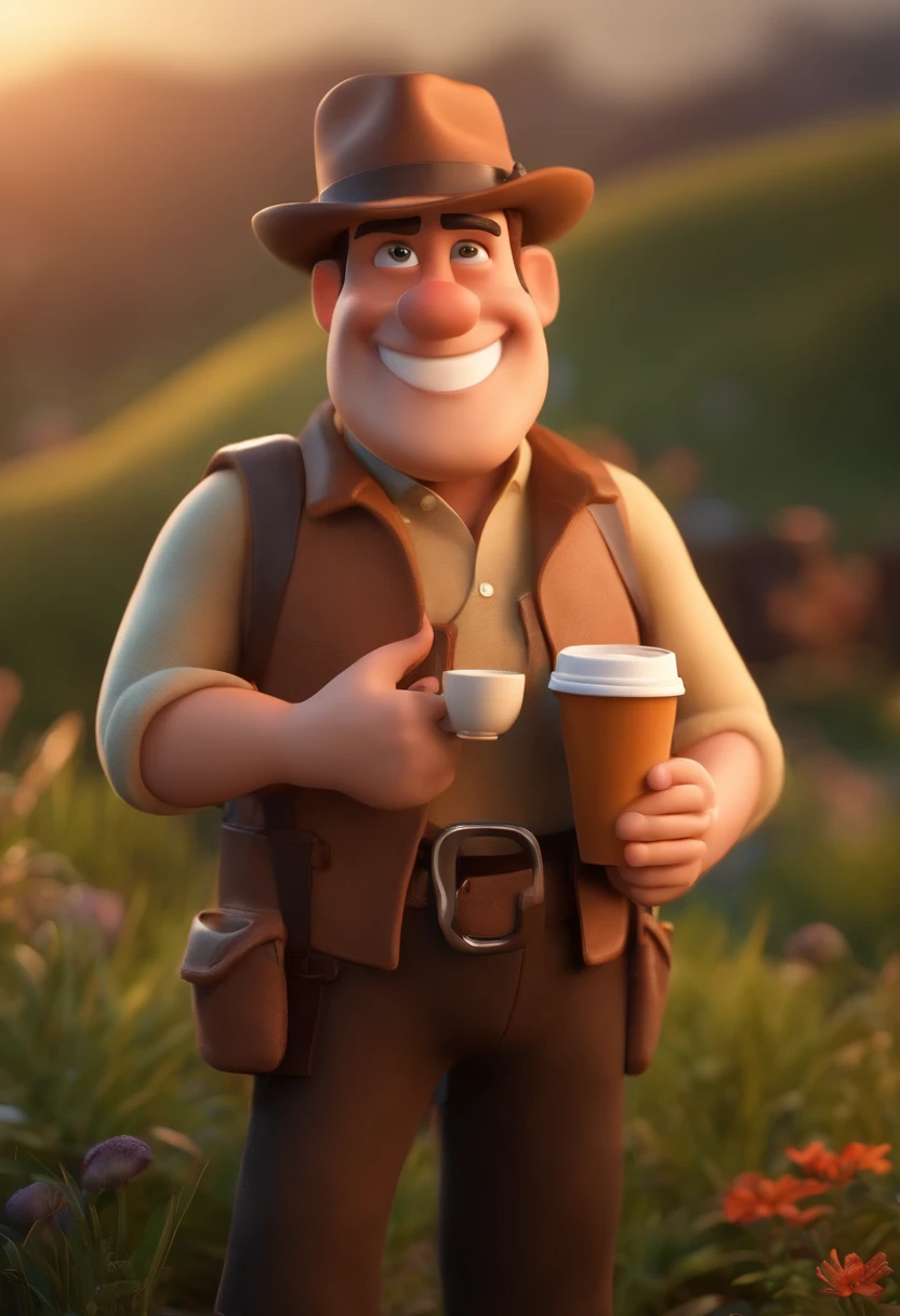 Criar uma imagem de um homem de 51 anos, sorrindo, without glasses, barba por fazer, Wearing an Australian hat, sendo musculoso. In the picture, the man must be holding a cup of coffee. o estilo da imagem deve ser ser pixar- disney 3 d. Caractere estilizado, animation style rendering, 3D estilizado, Arnold Maya render, 3 d render stylized, toon render keyshot, Personagem 3D, Personagem 3D, 3d rendering stylized, 3 d character render, personagem de desenho animado, Personagem de close up, Pose de personagem, (Estilo Pixar) (master part:1.2) (Bokeh) (best quality) (pele detalhada) (textura detalhada) (8k) (argila) (Cinematic lighting) (foco nítido
