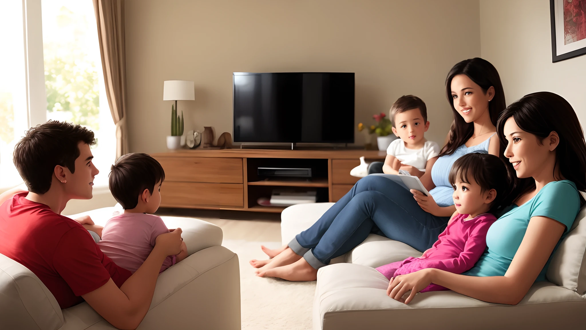 Family sitting on the furniture with popcorn, viendo TV, behind them a blue wall and next to it a piece of furniture with objects