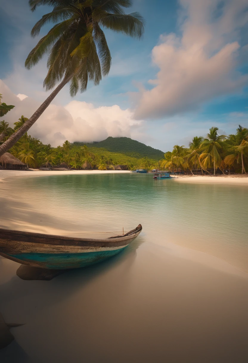 Tropical island, Visually stunning, high angle, inspired by Philippines, Fiji, Maldives, 8k uhd, photorealistic, boats in the water,