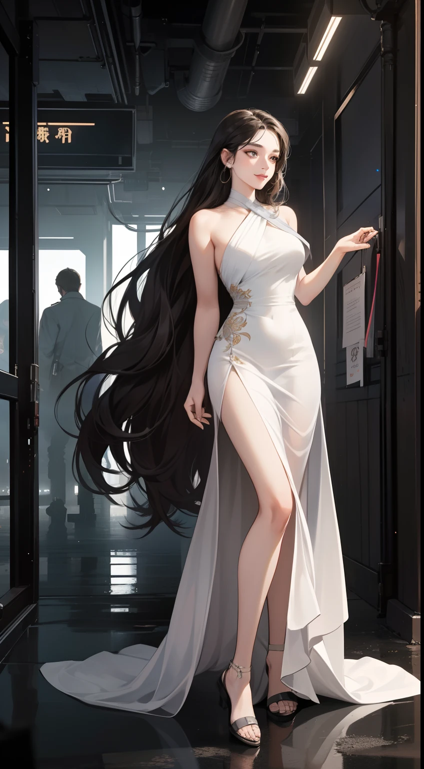 scenery，Panorama composition, Best quality,Condescending，A stunning beauty on top of the sky, 1人, Elegant woman, beautiful oriental woman, smiling at her lips, Extremely detailed face, Fake smile,Full body photo，looking to the camera，((dark gray eyes)), ((Sweep the right side of long dark hair)), [Thick eyebrows], Future technology scenarios，a sense of atmosphere, In a cyberpunk setting, ((long tight white dress)),Sexy figure，Feminine and sexy，Cinematic lighting，sense of science and technology，Mechanical World，Faraway view，Depth of field，in the crowd，White dawn，Behind the cyberpunk tech feel，Atmospheric spectacle，Lively scene，Downtown，The whole body of the character，Perfectcomposition，Asymmetrical composition，The lens zooms out，The figure is sideways at the top