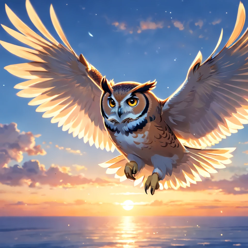 obra-prima, melhor qualidade, filme ainda, (Realistic, photo-realistic:1.4), (1owl), floating into the sky, close-up, brilhante, feliz, Soft lighting and Warm, sun sunset, (Sparks: 0,7)