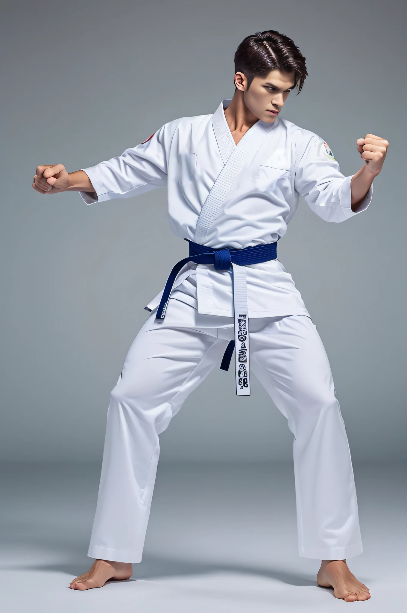 a picture, a handsome, 8k full body portrait of a man, Charming sweet look, Move ki, shorth hair, musculature, clong legs, Muscular legs,, bare-legged, Detailed muscular physique, a picture, (masterpiece, top-quality, top-quality, Official art), Stick out your fist, Large and dynamic movements, Photorealistic depiction,20yr old, Toned waist, White Karate Uniform, Karate Belt, White karate pants, Accurate depiction of details, Perfect skeleton, Look straight at your audience, sharp gaze
