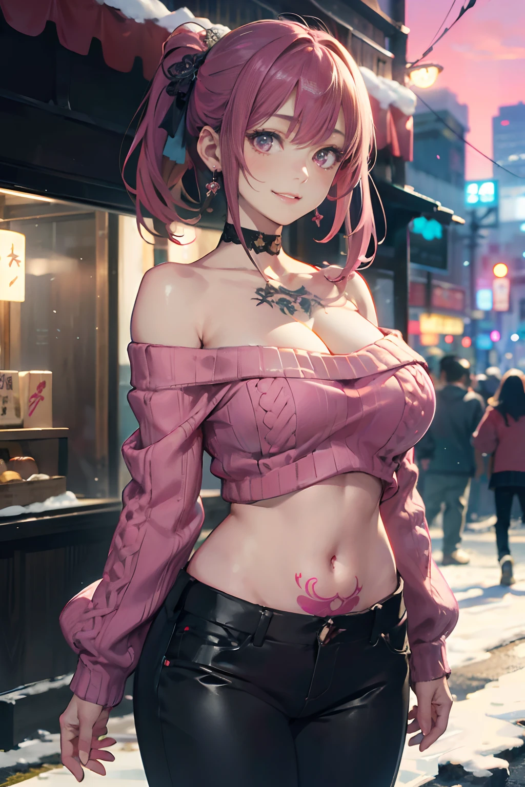 a 20 yo woman、Pink hair、long twintail、Big smile、cleavage of the breast、voluptuous breasts、Thighs at a glance、fishnet tights、<Quality Improvement Prompt>
<Character appearance、Backgrounds and other prompts>
BREAK (Pink Theme:1.4), (Vivid colors:1.3), (Pink Sweater:1.4), (long-sleeve:1.3), ((off shoulders, Navel, Stomach):1.3),
BREAK (Black theme:1.3), ((Black oversized pants, Black baggy pants):1.3), (Black Choker:1.2), (earrings:1.2), (lace-up boots:1.1),
<expressioness、illuminating、Other Prompts>(hi-top fade:1.3)、dark themed、Muted Tones、Subdued Color、highly contrast、(natural skin textures、Hyper-Realism、Soft light、sharp) (masutepiece, of the highest quality, Best Quality, Official art, Beautiful and aesthetic: 1.2), (1girl in: 1.3), Very detailed, (Fractal Art: 1.1), (Color: 1.1) (Flowers: 1.3), (By Yuko Higuchi:1.4), Yuko Higuchi,(posted by Yow:1.2),(linear art),Line drawing,Pen drawing,Zentangle,(Tattoo patterns:1.2),(complex lines),(masutepiece),(Best Quality:1.1), (Ultra-detailed),Best Illustration,finely detail,hand-drawn high quality,High contrast,(Clean lines:1.3),ligne claire,(Portrait),(very closeup:1.1),1 girl,Solo,The girl is wrapped in snow,(Intricate details:1.3),(Detailed background:1.2),(coloured background:1.1),sketch,Intricate details,High resolution,a moon,top-quality、8K、hight resolution、masterpiece、(portlate:0.6)、A dark-haired、Middle hair、(grinning evily:1.3)、(Look at viewers:1.3)、(bokeh dof)、18year old、8K, masutepiece, (Photorealistic:1.5), Artistic portrait from behind ((Yakuza Girls) Wearing kimono), back tattoo, Revealing the tattoo on the back, (Dragon tattoo), Bare shoulders, huge-breasted, Beautiful skin, Slim Fit Body, Cute face, nice appearance, look at viewr, Red hair in a bun with bangs, Foggy, Daylight, skyscapers, Clouds, Cozy and cool atmosphere, Dynamic lighting, natural, artistic,18-year-old girl Wahori skin, Yakuza, Japan Mafia, Background of Tokyo Red Light District, Realistic, Photoreal, masutepiece, Best Quality, Sexy with ta