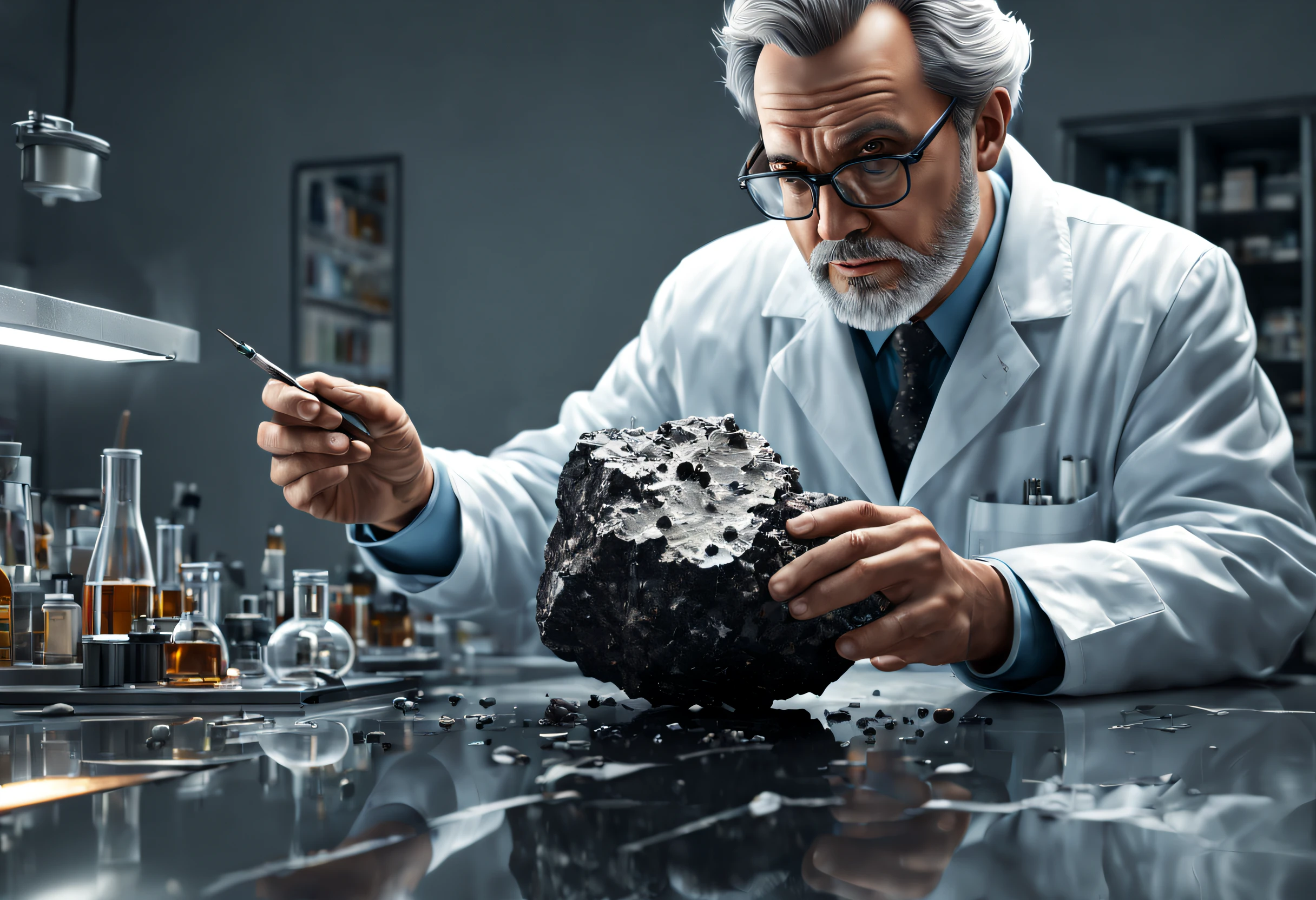 (best quality, 4k, 8k, high resolution, masterpiece: 1.2), ultra detailed, (realistic, photorealistic, photorealistic: 1.37), A scientist analyzing a large meteorite. He's in his laboratory. A wonderful award-winning image
