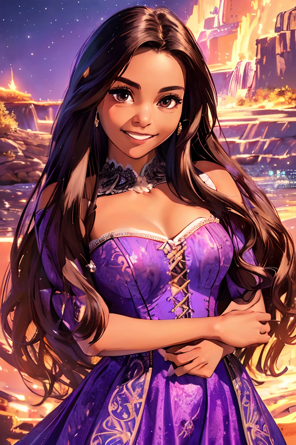 (masterpiece:1.2), (best quality), (ultra detailed), (8k, 4k, intricate),(half body:1.2),(cowboy:1.2),(highly detailed:1.2),(detailed face:1.2), (detailed background),(portrait),detailed landscape, (dynamic pose:1.2),rapunzel 1girl, solo, long hair, smile, brown hair, dress, very long hair, brown eyes, crossed arms, corset, purple dress, dark skin