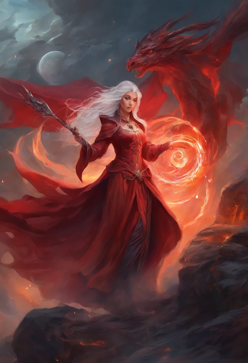 A witch with red robe and long silver hair, has the power of chaos magic and accompanied by a dragon