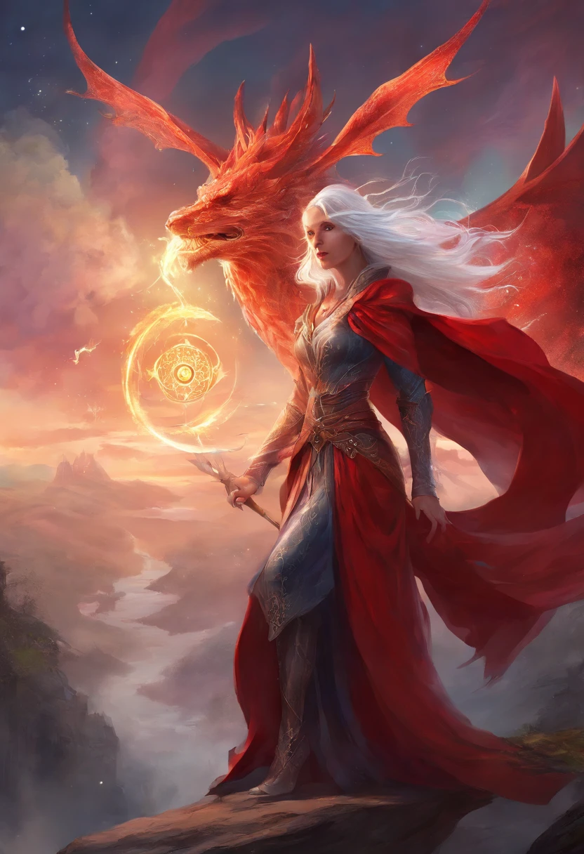 A witch with red robe and long silver hair, has the power of chaos magic and accompanied by a dragon