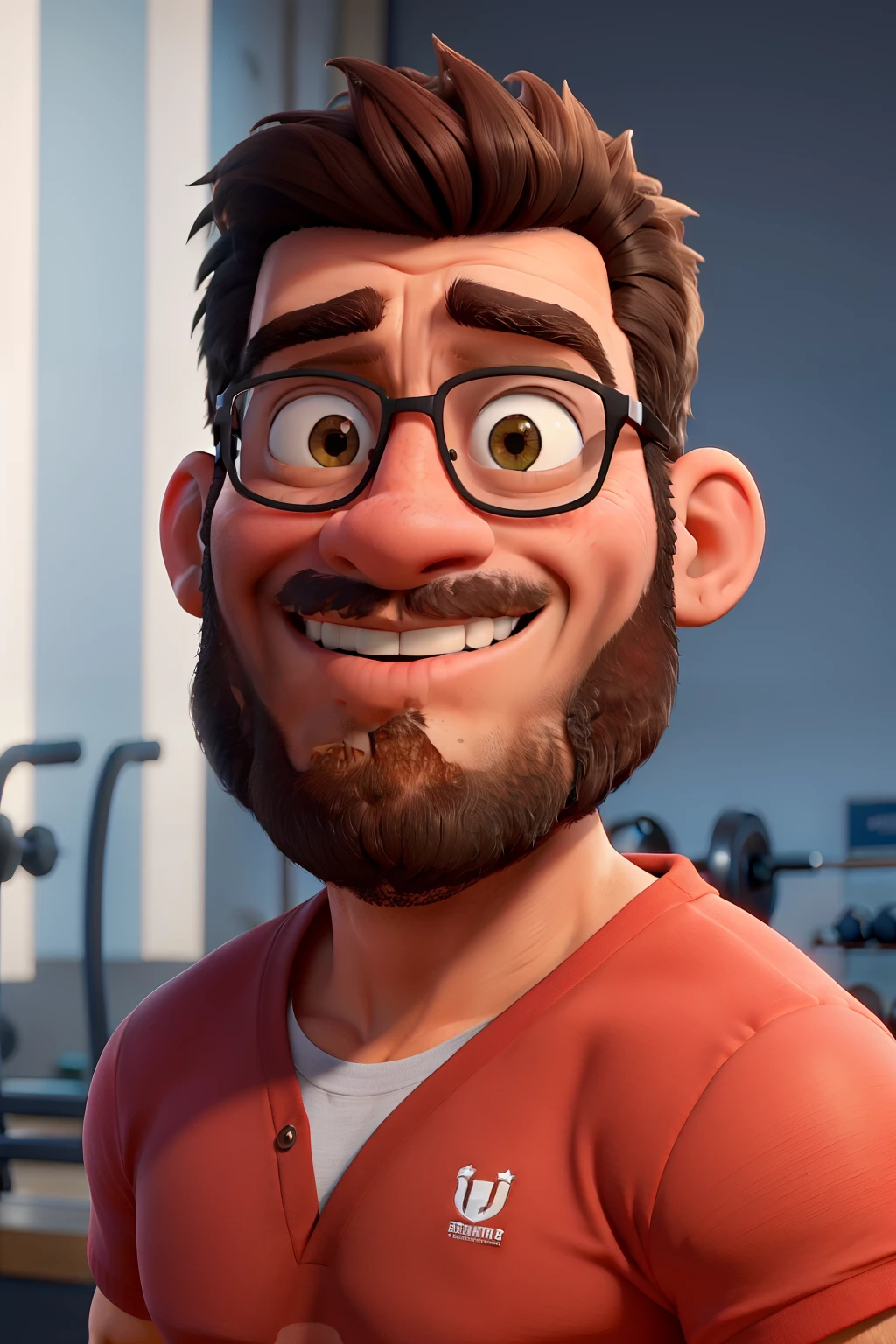 Obra-prima, de melhor qualidade, treinador fitness,moreno escuro, com barba, um pouco forte, vestindo camisa preta, em um academia de treinamento, com um leve sorriso.