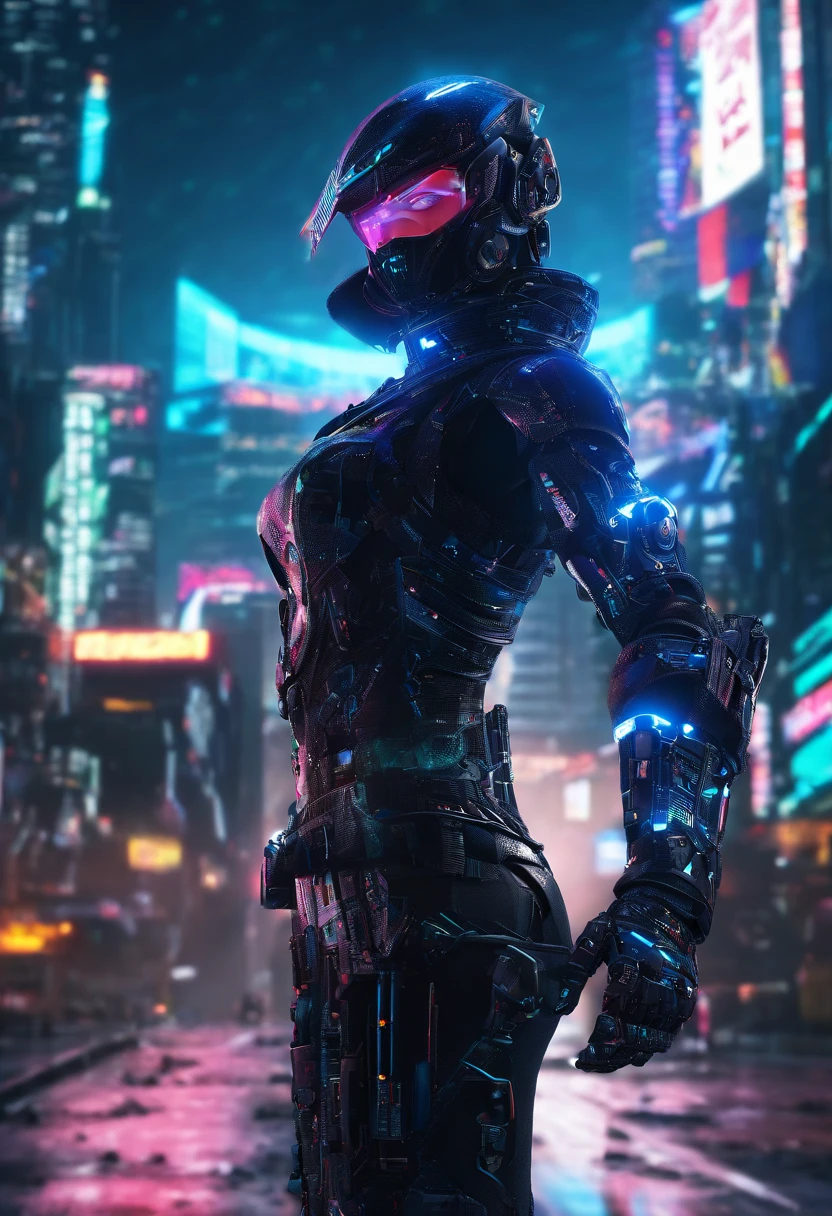(centred,from below:1.4),looking away,A cyber ninja sexy women in a dystopian world, wearing a sleek black armor suit, with glowing blue eyes and advanced cybernetic enhancements. The ninja is seen in a dynamic action pose, leaping across a neon-lit rooftop, with rain pouring down and reflecting off the slick surface. The cityscape below is filled with towering skyscrapers, illuminated by colorful holographic advertisements. The ninja's katana is drawn, its blade gleaming with blue energy, ready to strike. The overall atmosphere is dark and mysterious, with a futuristic techno vibe. The lighting is dramatic, with intense highlights and deep shadows, creating a sense of depth and tension. The color palette,dynamic action pose,