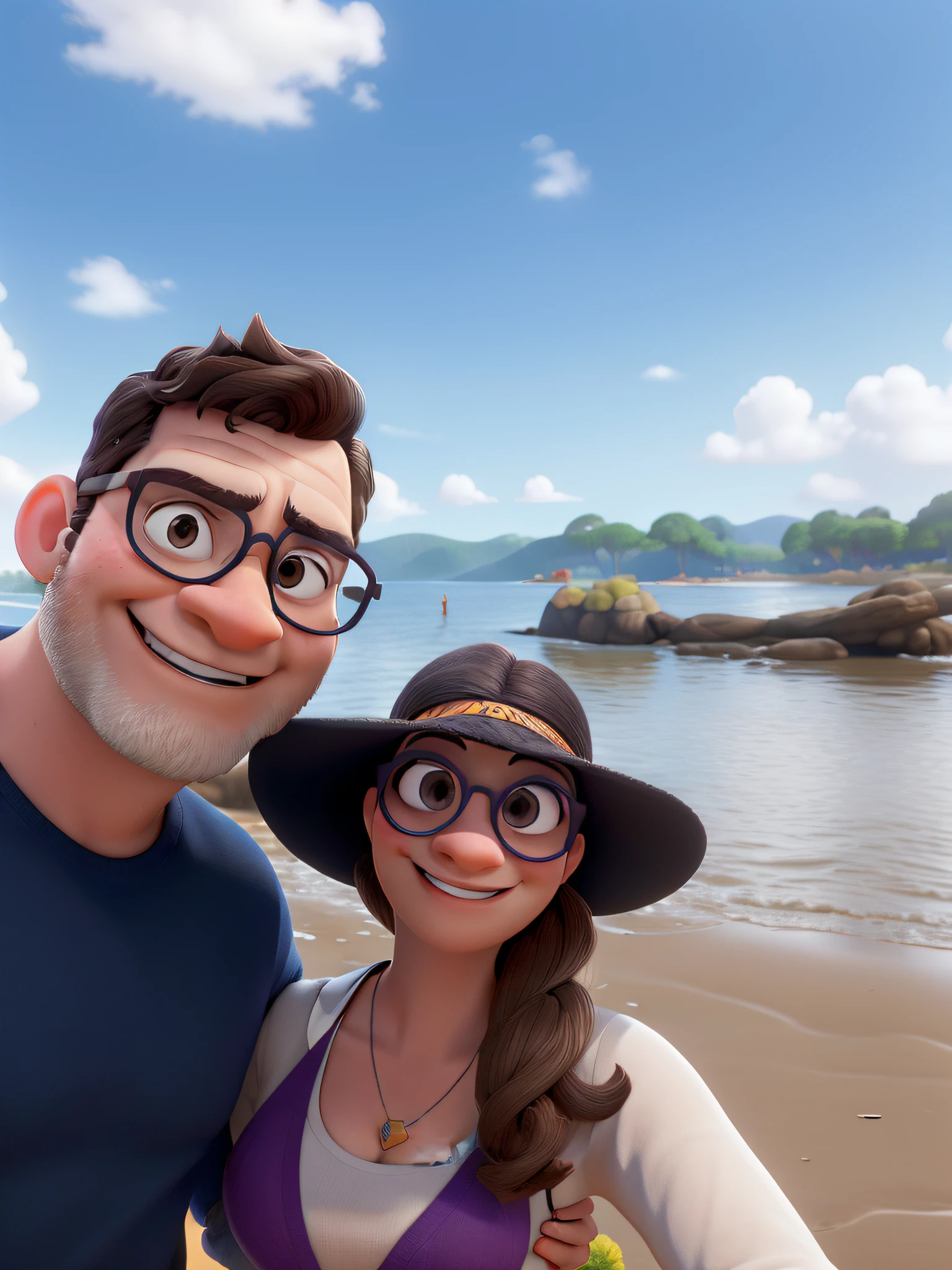 poster no estilo disney pixar, um homem de oculos e barba grisalha e uma mulher branca de oculos de sol, estilo disney pixar, alta qualidade, melhor qualidade