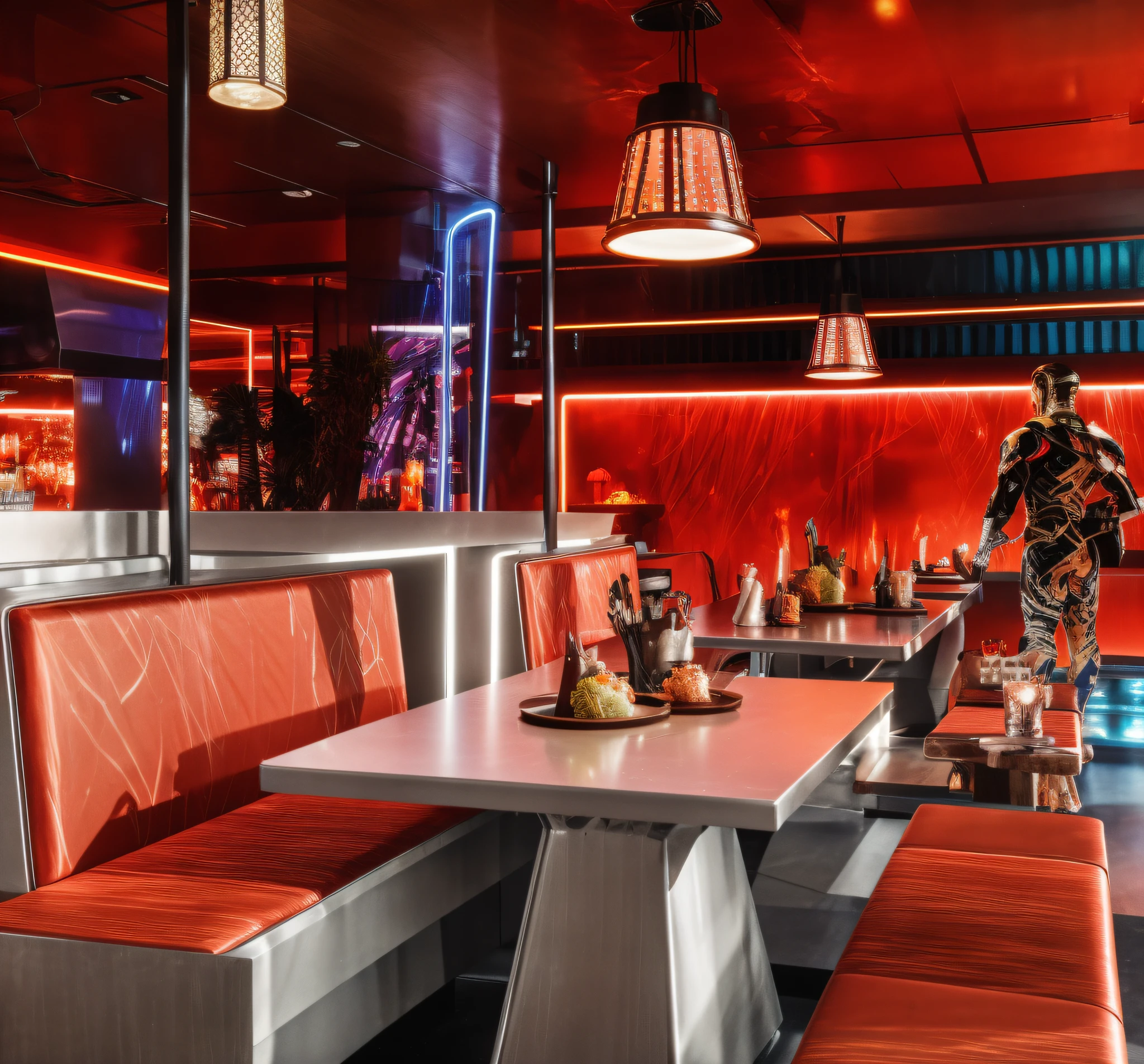 4K Ultra Clear，Hyper-realistic，The fan-driven dining room has plenty of tables and benches, The table is served with sauerkraut, fish and rice。restaurant interior photography, china town blade runner, Thiel sauerkraut fish shop, The night is futuristic， with neon lights，cyber punk perssonage， High-tech lighting installations and dazzling projection effects create a romantic and mysterious atmosphere。Paired with Marvel Universe decorative art。No Man，
