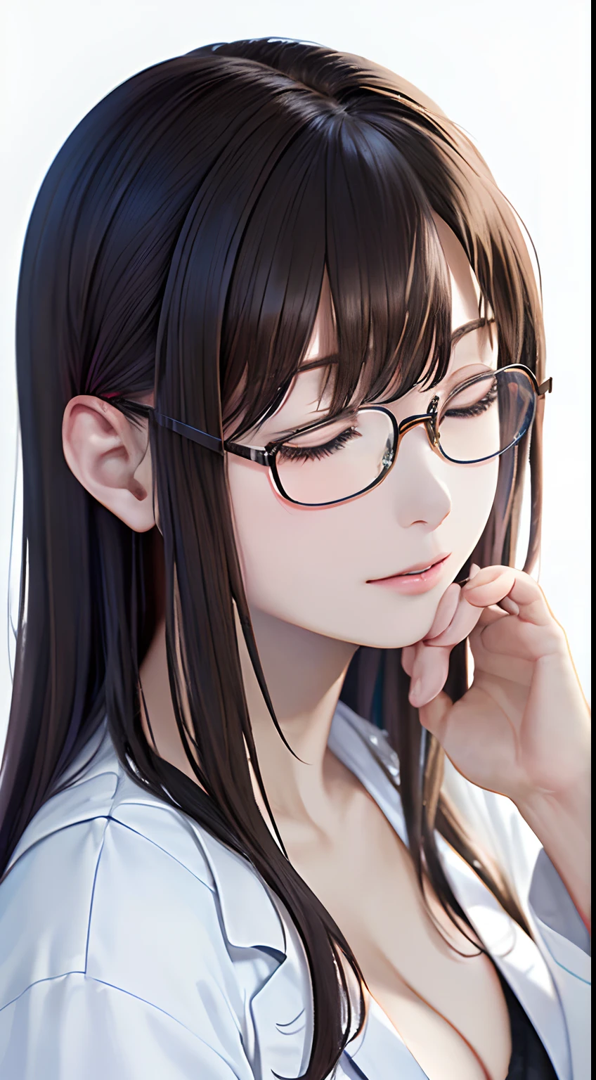 (top-quality、8K、32K、​masterpiece、nffsw:1.2)、(Raw photography)、(realisitic)、(Photorealsitic:1.2)、(hight resolution)、ultra-detailliert、extremely beautiful face and eyes、1girl in、round small face、big breasts thin waist、Delicate body、(a closeup、top-quality、high detailing、rich skin detail、nffsw)、(Best Quality、8K、Oil Painting、masutepiece:1.2)、Ultra-detailed、(Realistic、Photorealistic:1.37)、Vibrant colors、(((I'm wearing a lab coat)))、(((Wearing a white coat like a doctor)))、(((I'm wearing a light blue inner garment)))、(((cleavage of the breast)))、(((I'm meditating)))、(((Brown hair)))、(((Very long hair)))、(((wears glasses)))、(((bustshot)))、(((White wall background)))、(((Bangs are fastened with hairpins)))、(((wearing lab coat)))、(((I'm touching my cheek with my hand)))、(((Light Blue Inner)))、(((I close my eyes)))、(((Suyasuya)))