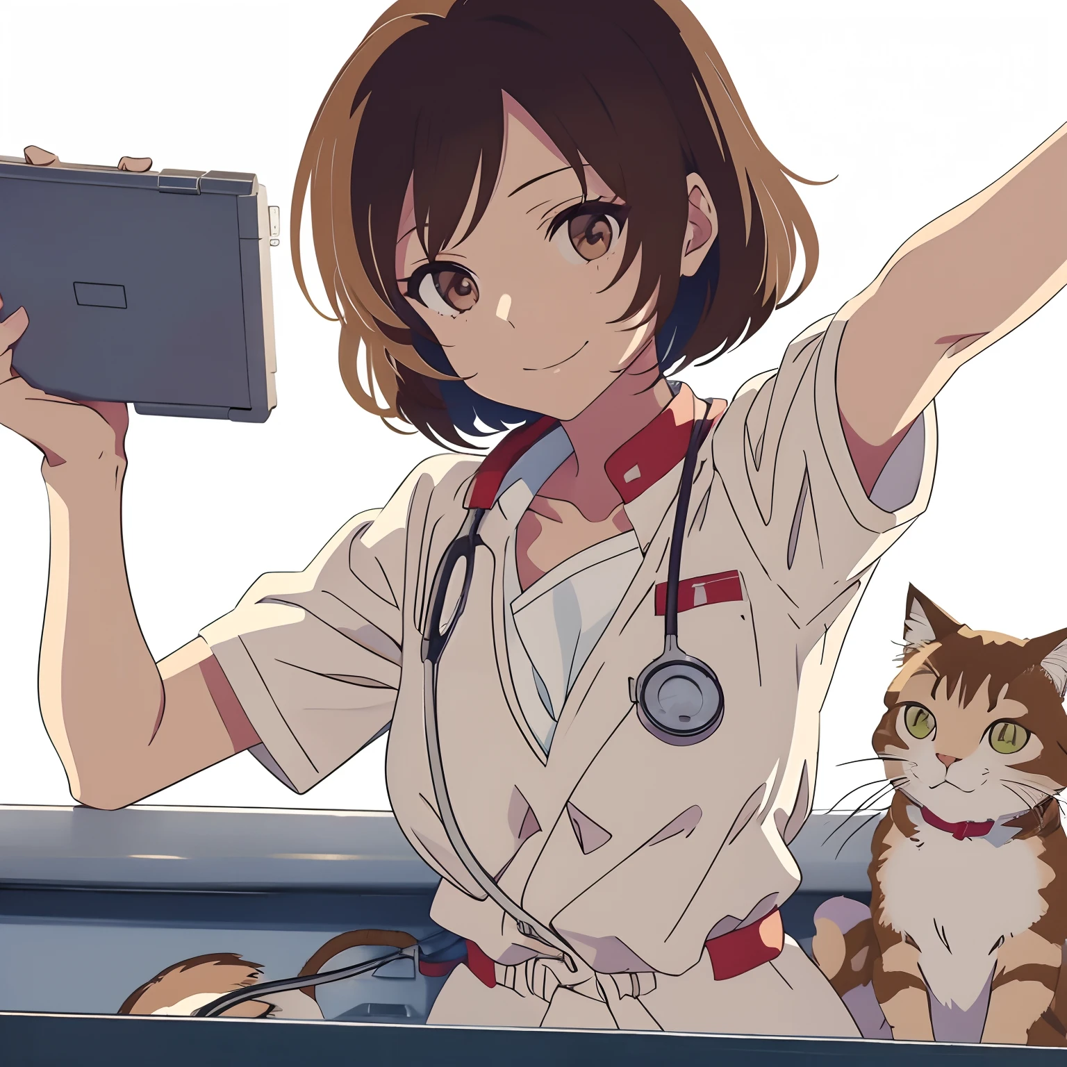 1girl in,Solo,Brown hair,The Biggest Smile,Looking at Viewer,Upper body,White background,Medium Hair,,Nurse,Chibi、Nurses are coming in lab coats、hospitals、Cat pose with both hands、Wearing a stethoscope around your neck