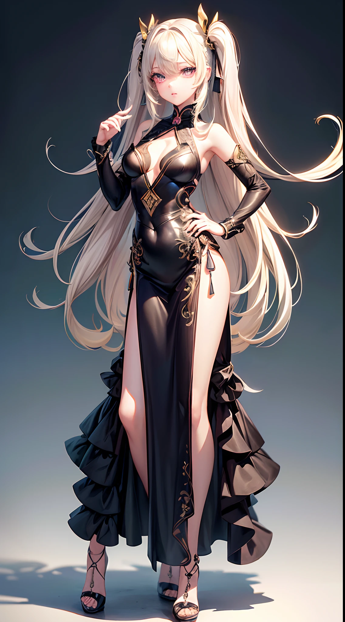 ((Best Quality)), (ultra-detailliert), ((Extremely detailed)), (Beautiful), ((Kawaii Girl)), ((UHD)), (masterpiece), (high quality), (best quality), (4K), (high quality), 1, solo girl, one girl, (hair two side up long), (hair intakes), long hair, parted bangs, (platinum blond hair), ((jade colored eyes)), slanted eyes, medium breasts, slender body, paint right up to the tip of the head,((transparent background)),(solo),standing,(wearing shoes on feet),((is wearing Idol Costumes)),good girl, beautiful detailed eyes,good looking,((an extremely delicate and beautiful)),make the eyes the same shape and color on both sides, anime style