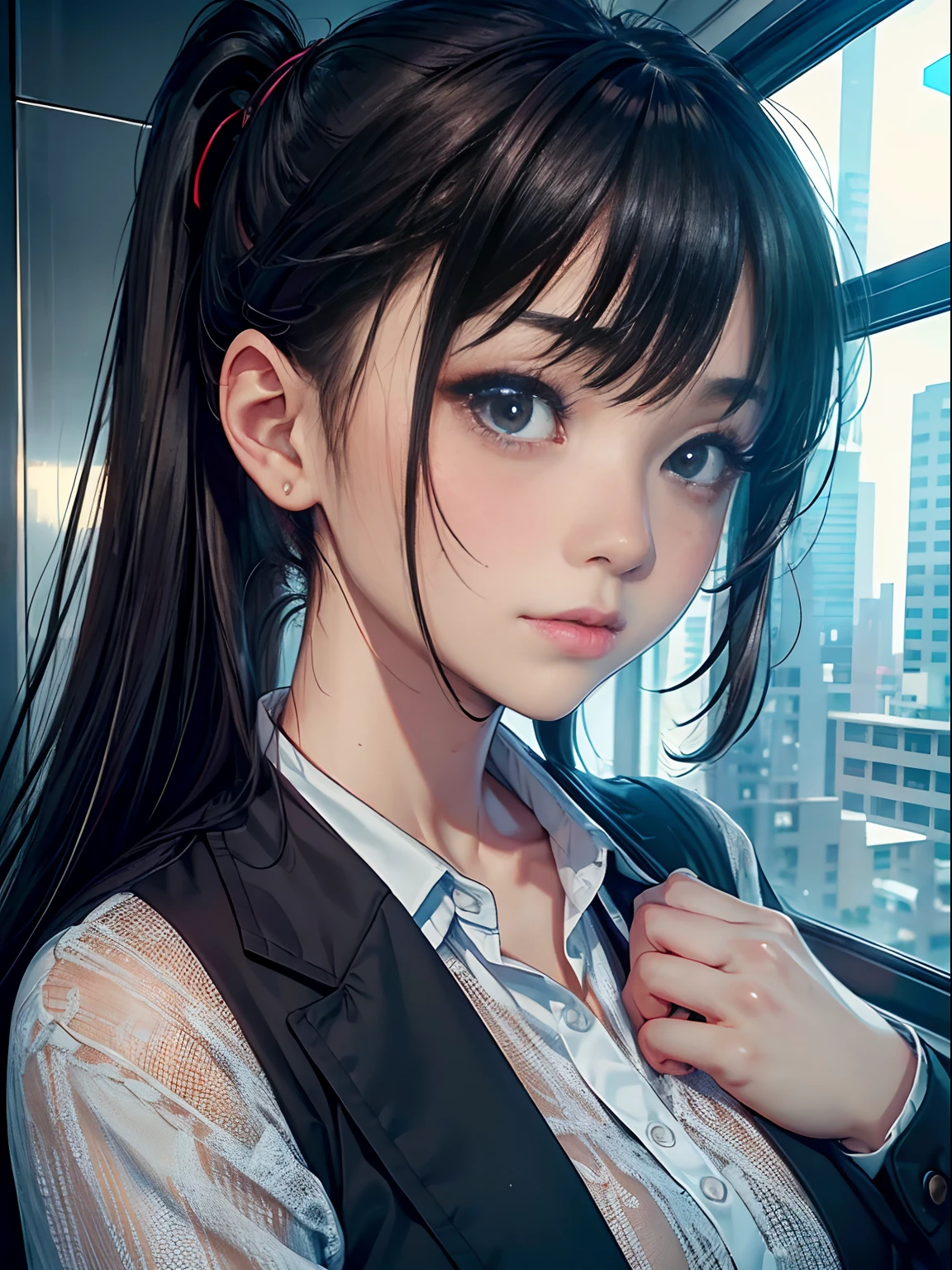 A  girl、(​masterpiece:1.4)、(in 8K、realisitic、Raw photo、top-quality:1.4)、(Real Face:1.4)、(real looking skin:1.3)、超A high resolution、A hyper-realistic、Eyes in Beautiful Details、A dark-haired、Black eyes、Low ponytail、耳环、Business attire、Dark blue business suit、(huge-breasted:1.5)、gargantilha、Blushing、alluring face、troubled look、Inside the elevator、to stand、Have documents