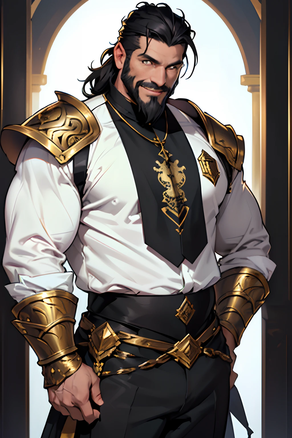 ((one man around 50 years old, muscular, with short black hair and short black beard)), (dressed fantasy style and elegantly with a white shirt and only one right shoulder armor piece with a gold lion face on it), black pants, (ugly face), (fantasy outfit), fantasy settings, fantasy city, (belly fat), (smiling)