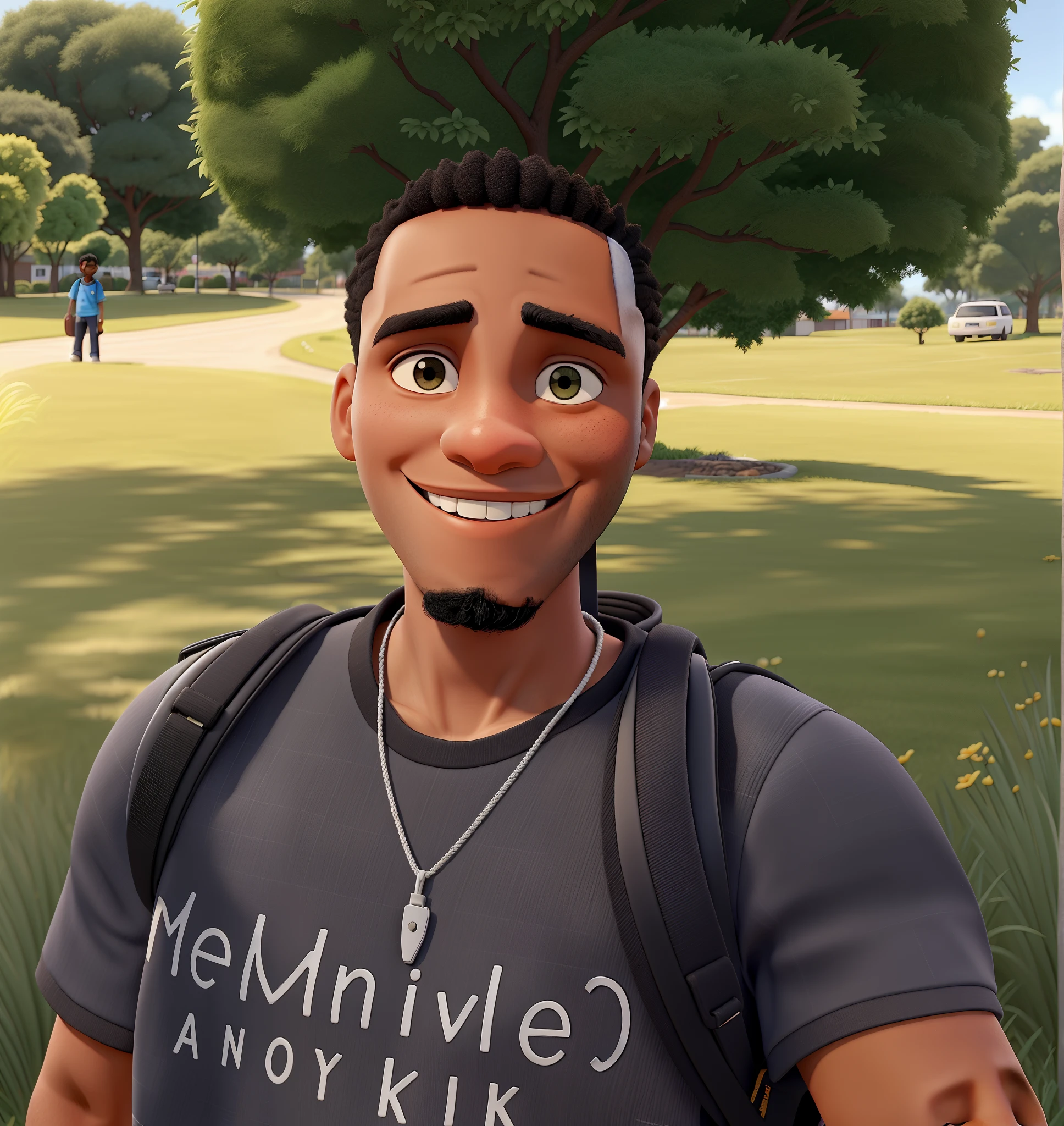 jovem negro, usando um colar e mochila, Smiling on a Sunday morning and in the background a shady tree and short grass