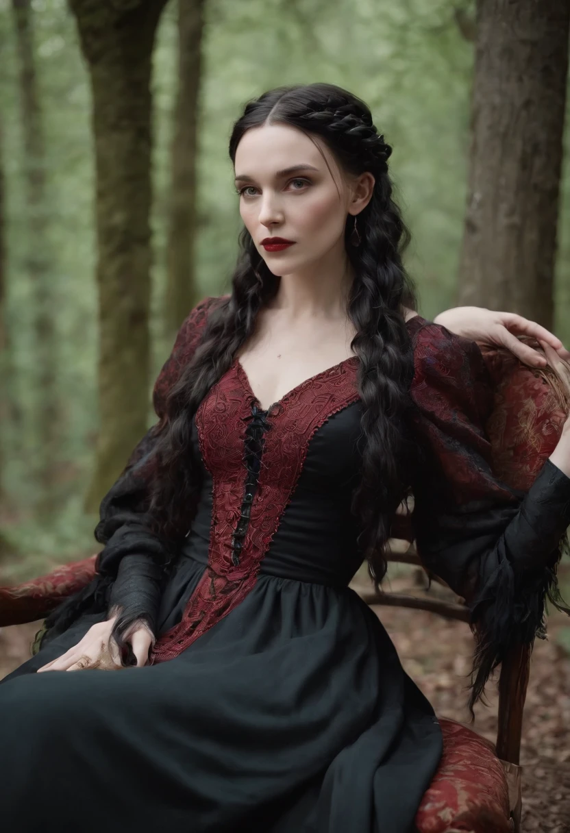 Beautiful witch girl with long black braids, She wears a black dress with red patterns, sitting on a velvet-lined Cardelou chair, with the majestic crow of Sonistre, sitting on her shoulder. Mystical atmosphere, Muted colors, Enchanting composition, Camera of Canon EOS R5, Пленка Fujifilm Pro 400H, 85 mm lens, soft focus, Guillermo del Toro, Tim Burton, Terry Gillingham, Alexander McQueen, Vivienne Westwood