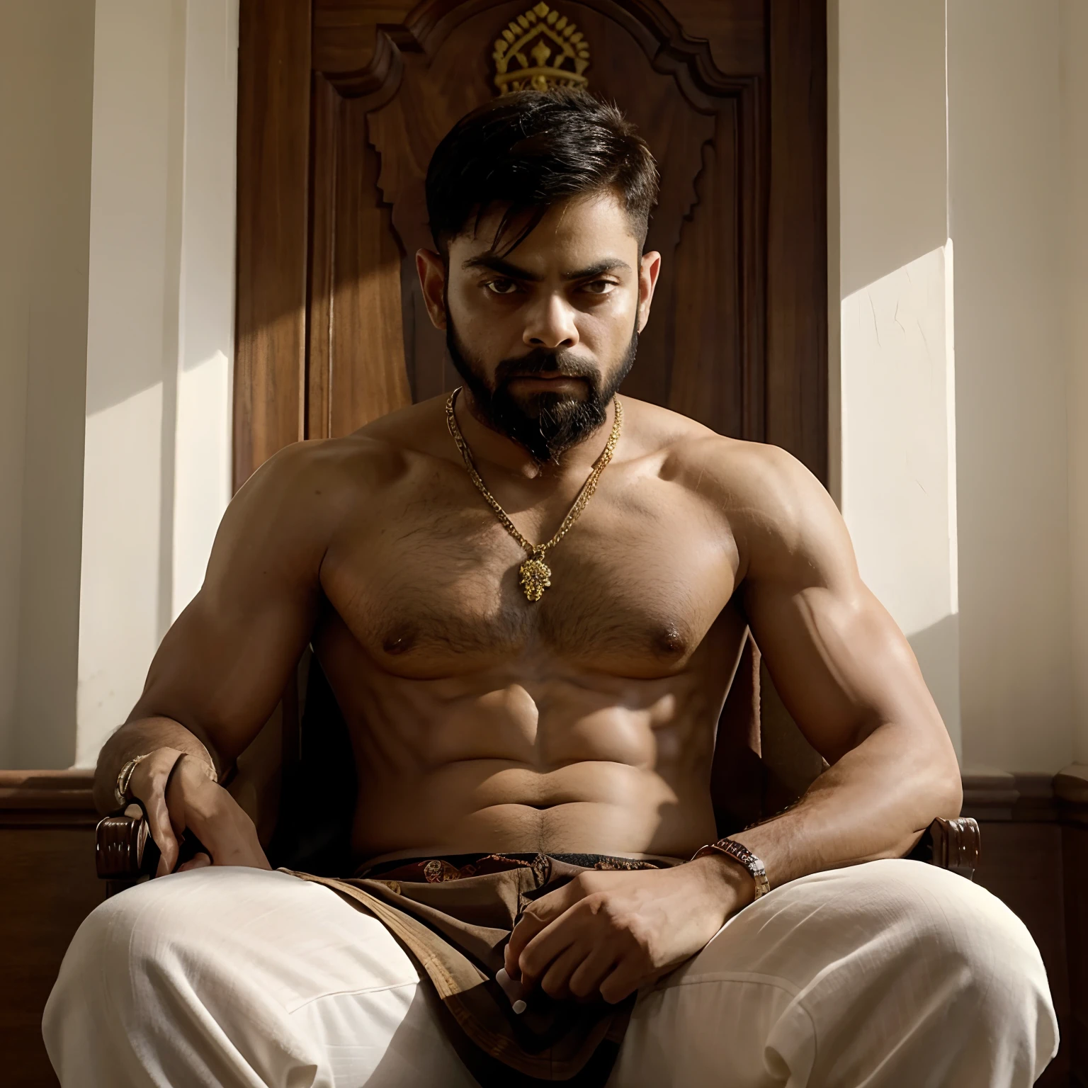 Virat kohli , a king , sitting in a king and his front have a world