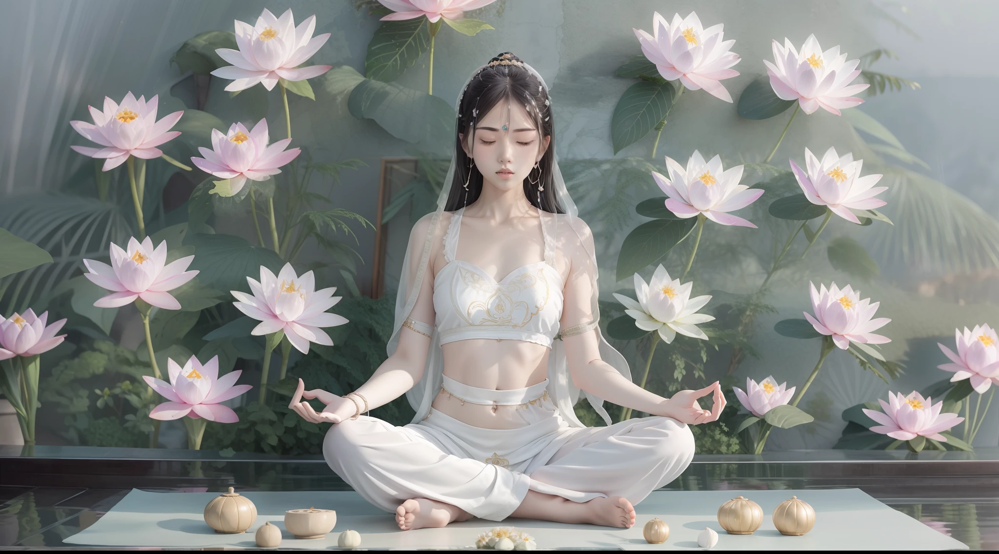 Zen beauty with full body doing yoga lotus sitting meditation in a rain of milky white mucus