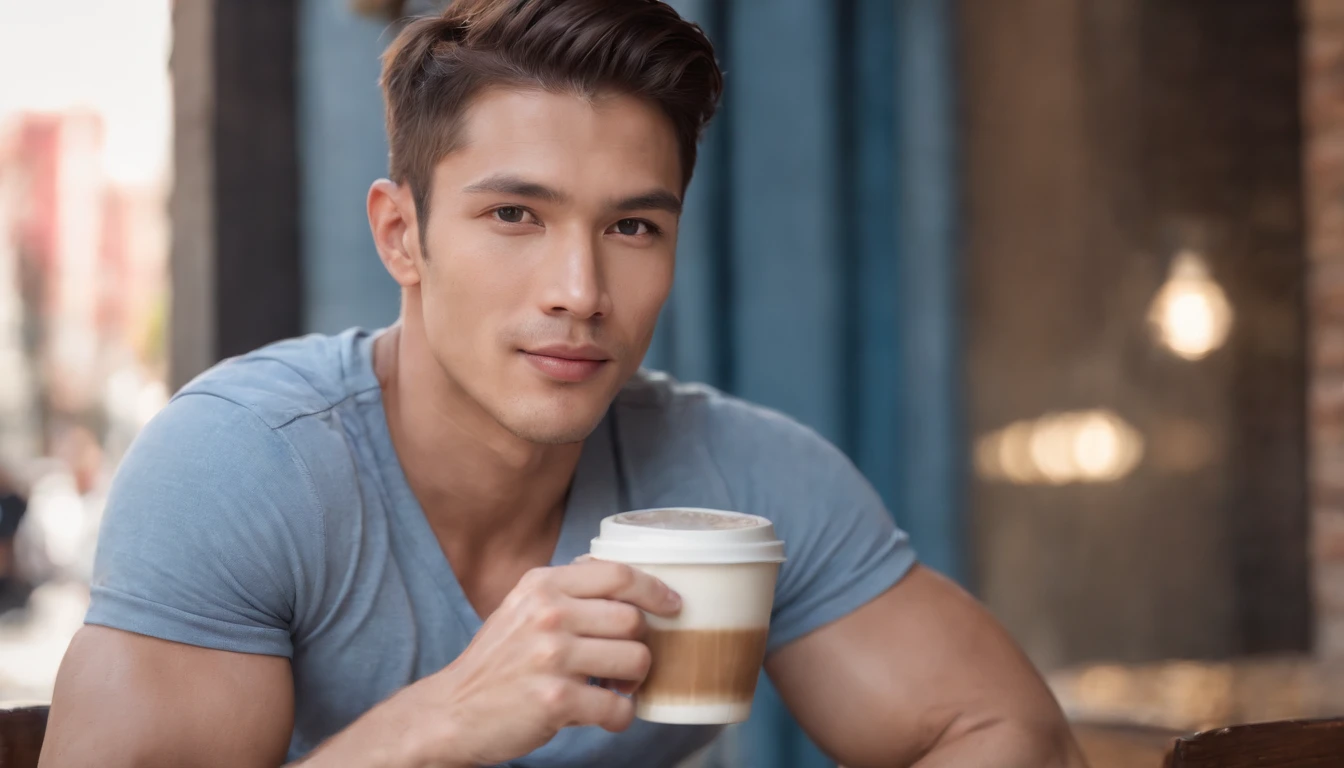 Full body, Andrew thomas huang, oval face, neat muscular, shirtless, (((briefs))), kitchen, coffee cup, morning vibes