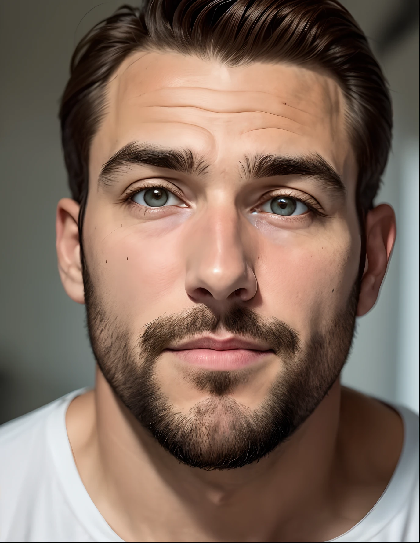 Make a Pixar-style profile of a 1-year-old man,82 cerca de 100kg com olhos verds rosto oval mas um pouco acima do peso, barba curta preenchendo o rosto, 30 anos, cabelos castanhos escuros, sobrancelha um pouco grossa
