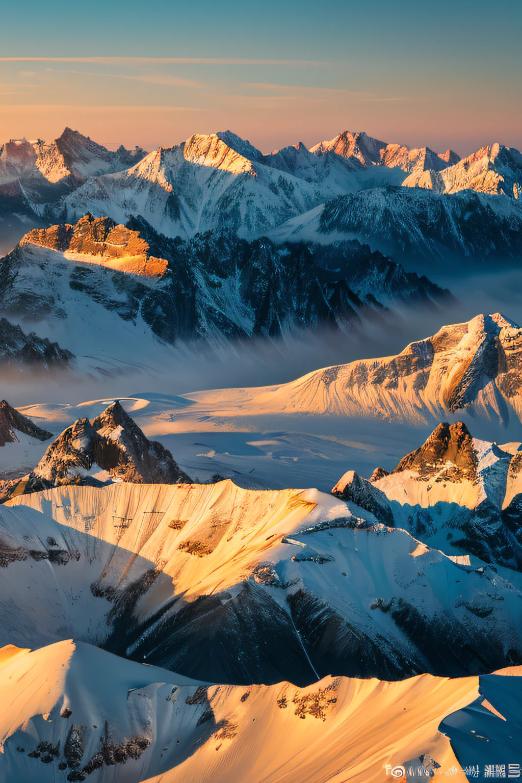 At the time of sunrise, the upper half of the distant snowy mountain range shines golden in the morning sun, the gentle flatland in the foreground is still dark, the gradation of the mountains and mountain ranges is wonderful, and you can even feel the emotion. Quality, 4K.