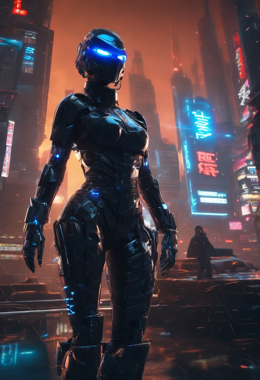 (centred,from below:1.4),looking away,A cyber ninja sexy women in a dystopian world, wearing a sleek black armor suit, with glowing blue eyes and advanced cybernetic enhancements. The ninja is seen in a dynamic action pose, leaping across a neon-lit rooftop, with rain pouring down and reflecting off the slick surface. The cityscape below is filled with towering skyscrapers, illuminated by colorful holographic advertisements. The ninja's katana is drawn, its blade gleaming with blue energy, ready to strike. The overall atmosphere is dark and mysterious, with a futuristic techno vibe. The lighting is dramatic, with intense highlights and deep shadows, creating a sense of depth and tension. The color palette,dynamic action pose,