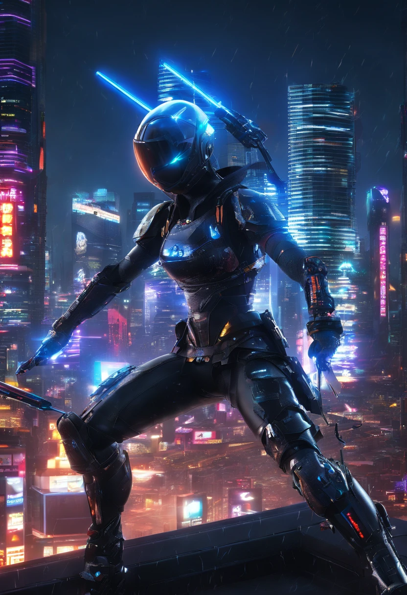 (centred,from below:1.4),looking away,A cyber ninja sexy women in a dystopian world, wearing a sleek black armor suit, with glowing blue eyes and advanced cybernetic enhancements. The ninja is seen in a dynamic action pose, leaping across a neon-lit rooftop, with rain pouring down and reflecting off the slick surface. The cityscape below is filled with towering skyscrapers, illuminated by colorful holographic advertisements. The ninja's katana is drawn, its blade gleaming with blue energy, ready to strike. The overall atmosphere is dark and mysterious, with a futuristic techno vibe. The lighting is dramatic, with intense highlights and deep shadows, creating a sense of depth and tension. The color palette,dynamic action pose,