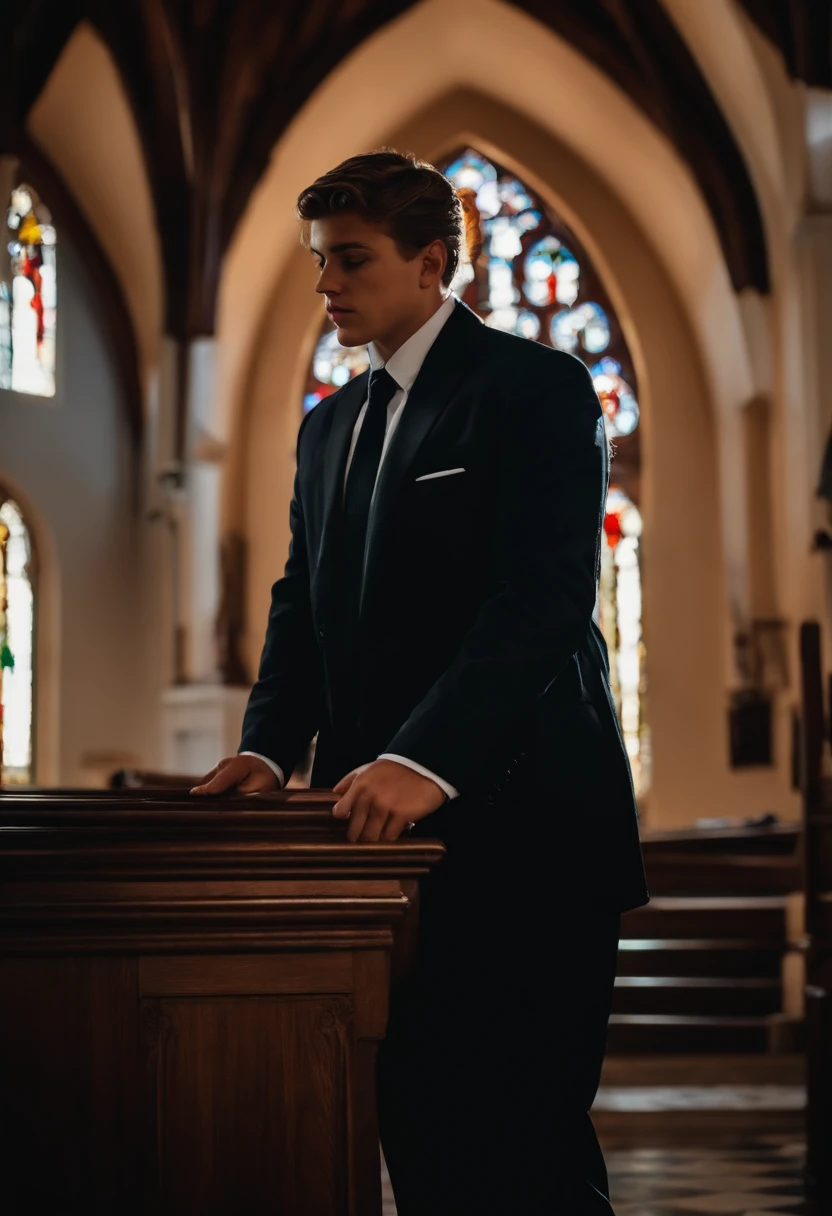 Um menino de 17 anos, moreno cabelo curto e escuro, um pouco gordo de terno cinza, camisa branca e gravata preta,Standing on a church pulpit speaking to people