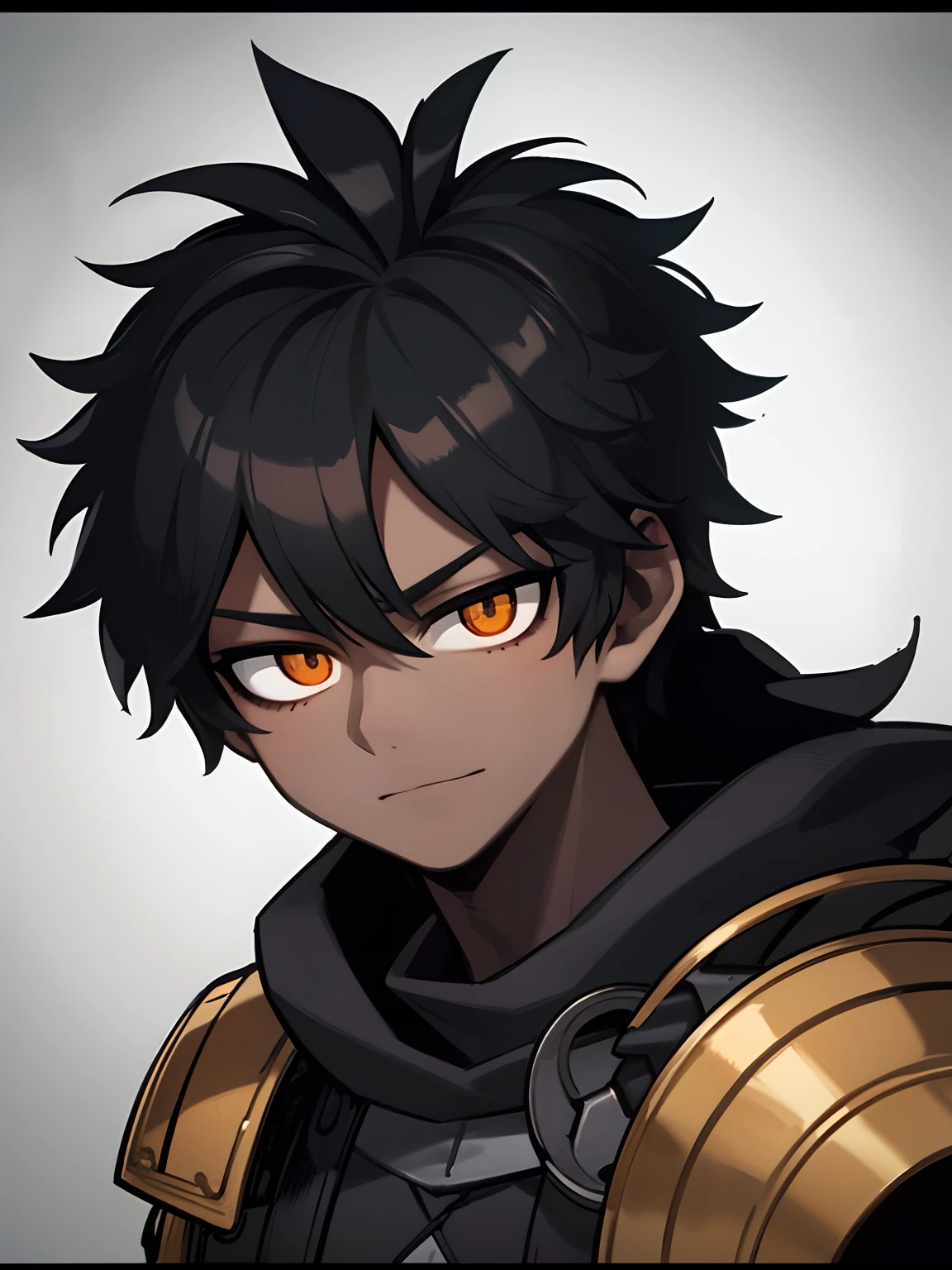 (black-haired male character like Deku, dark skin, brown eyes, cold gaze, black clothing),(best quality,4k,8k,highres,masterpiece:1.2),ultra-detailed,(realistic,photorealistic,photo-realistic:1.37),portrait,detailed hair,anime style,sharp focus,professional, vivid colors, dark atmosphere,strong lighting,black and white tones,