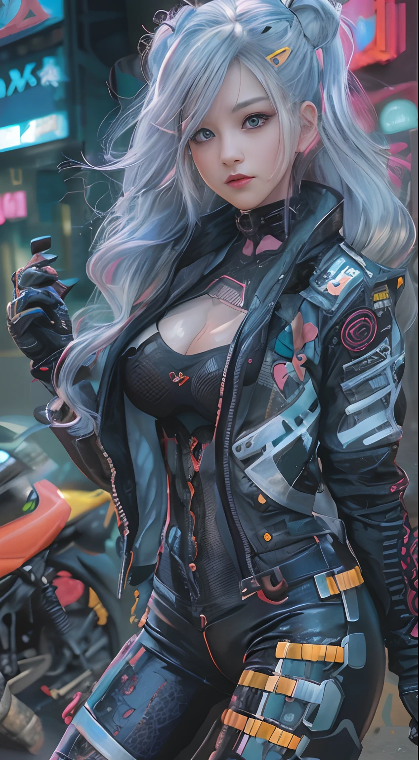 masutepiece, Best Quality, 1 Cyberpunk Girl, Full body shot, Stand in front of the motorcycle, Looking at Viewer, Confident cyberpunk girl with cheeky look, Pop costumes inspired by Harajuku, Bold colors and patterns, Eye-catching accessories, Bright makeup, Cyberpunk dazzling cityscape, Skyscrapers, neon signs, led lights, Bright and vivid color scheme, Anime, Illustration, Detailed skin texture, Detailed Cloth Texture, beautifull detailed face, Intricate details, ultra-detailliert.（（（Silver-haired with long twin tails））），Incandescent effect，（（motor bikes，girl with;7.3））