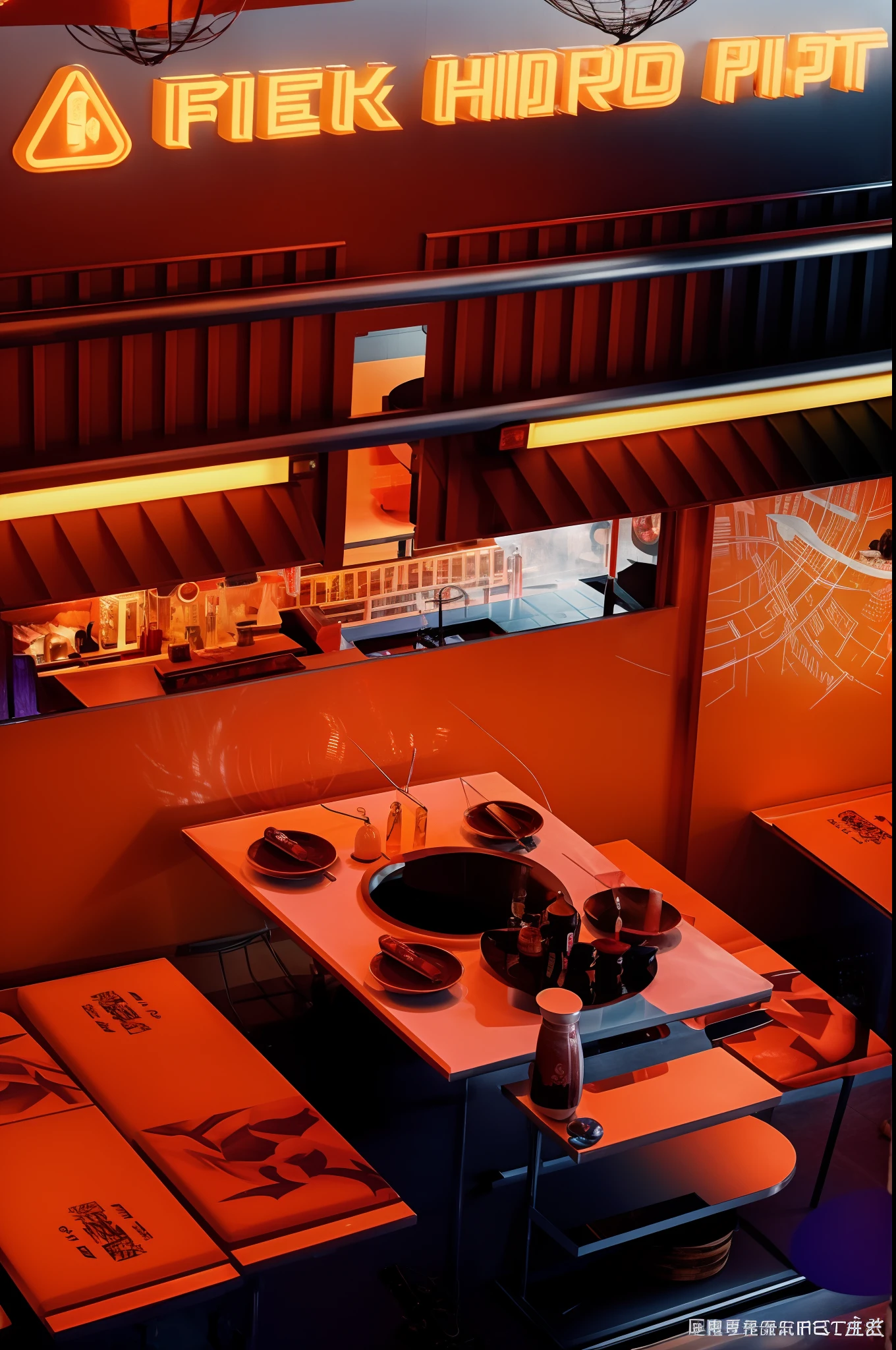 4K Ultra Clear,Hyper-realistic,The fan-driven dining room comes with plenty of tables and benches, Sauerkraut on the table, Fish and rice。restaurant interior photography, china town blade runner, Thiel sauerkraut fish shop, The night is futuristic, with neon lights,cyber punk perssonage, High-tech lighting installations and dazzling projection effects create a romantic and mysterious atmosphere。Paired with Marvel Universe Art Deco。No Man,