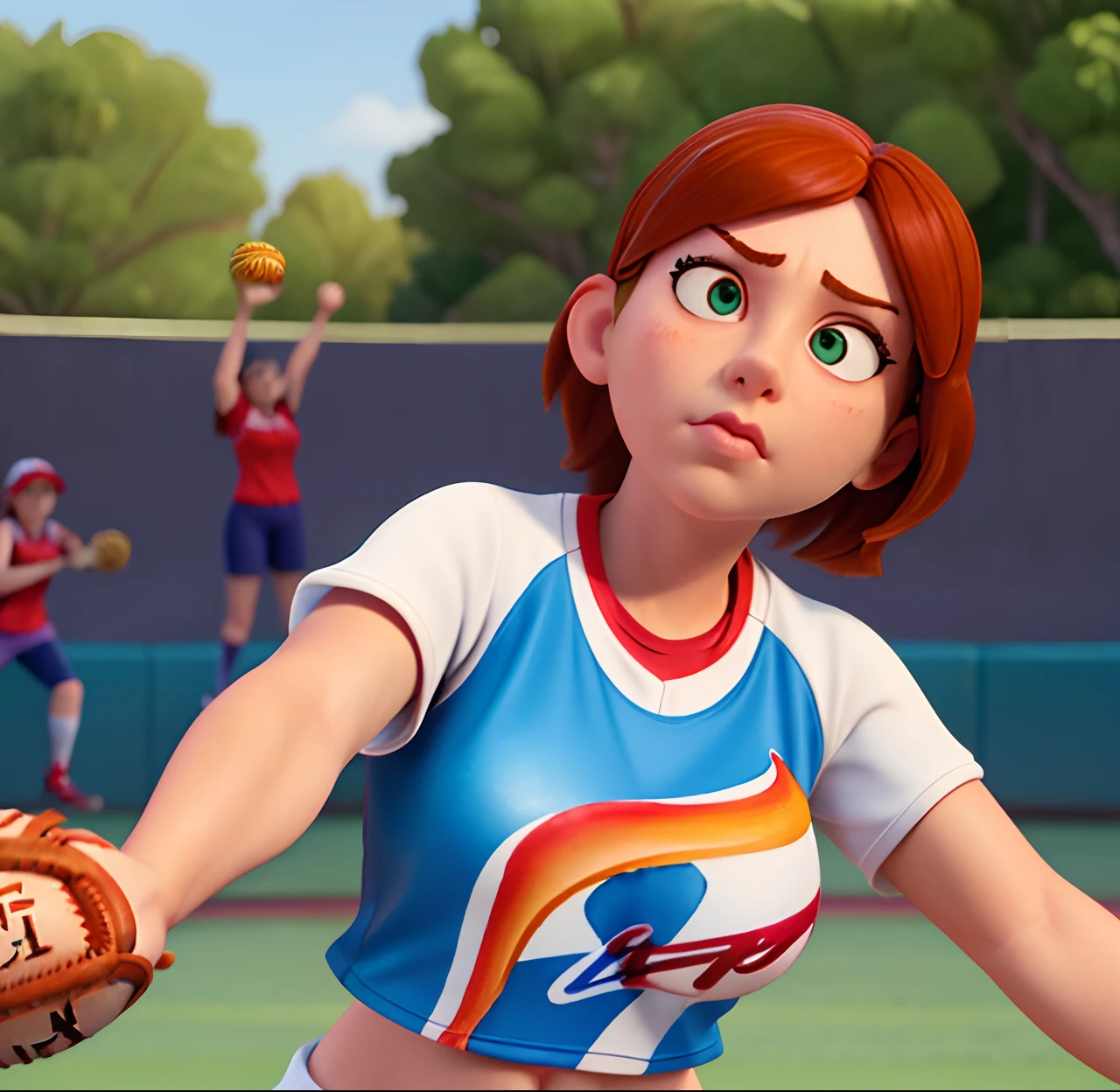 Masterpiece, (watercolor:1.3), (short stack:1.1), forward facing, eyes on camera, serious expression, (action shot:1.4) , (upper body strength:1.3), contrapposto (tattoo:1), softball pitcher, auburn hair, green eyes, (string bikini:1), pitching a softball at viewer, (focus on softball in foreground:1.4), sunny, natural lighting, High definition, excellent resolution, excellent quality, insane detail, semi realistic, postprocessed, crisp face, facial features, extremely detailed, facial features