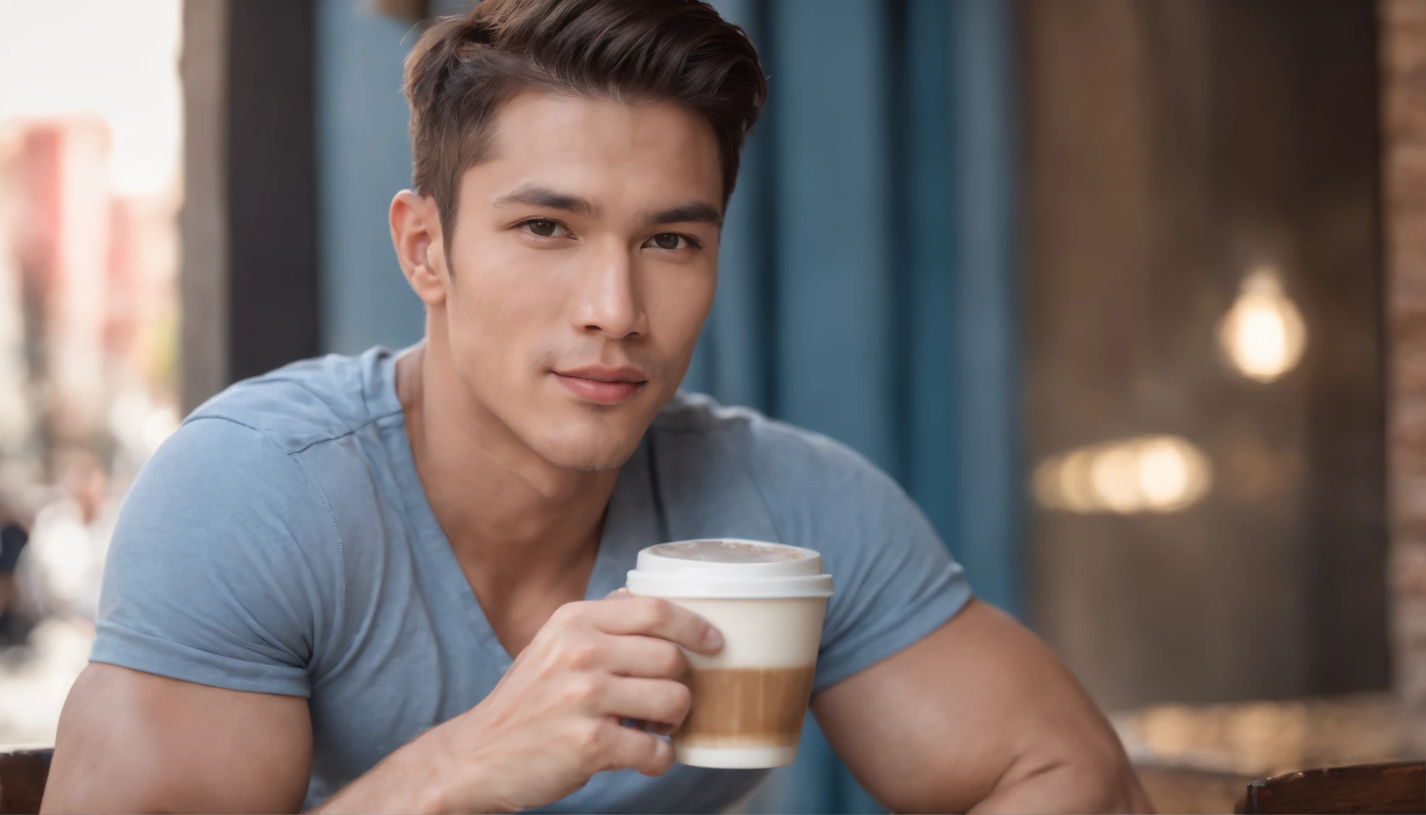 photo of stunning handsome muscular naked Thai men, no female, honey eyes, no shirt short messy windy light brown hair, flipping hair, closeup zoomed in tight crop portrait, sitting outdoors at a cafe, look you look at me, top-view (out door french coffee shop scene:1.2) (wearing no shirt:1.3) (coffee in hand:1.3) (Lighting-blue:1.2) foreground objects background details (masterpiece:1.2) (photorealistic:1.2) (bokeh:1.2) (best quality) (color grading) (detailed skin:1.3) (intricate) (8k) (HDR) (cinematic lighting:1.3) (sharp focus), messy windy hair Paris France