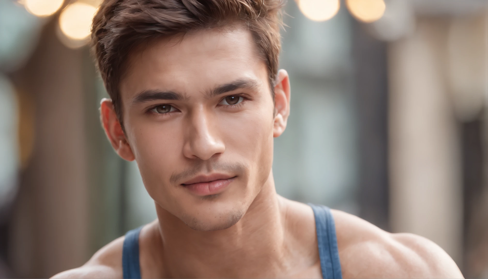 photo of stunning handsome muscular naked Thai men, no female, honey eyes, no shirt short messy windy light brown hair, flipping hair, closeup zoomed in tight crop portrait, sitting outdoors at a cafe, look you look at me, top-view (out door french coffee shop scene:1.2) (wearing no shirt:1.3) (coffee in hand:1.3) (Lighting-blue:1.2) foreground objects background details (masterpiece:1.2) (photorealistic:1.2) (bokeh:1.2) (best quality) (color grading) (detailed skin:1.3) (intricate) (8k) (HDR) (cinematic lighting:1.3) (sharp focus), messy windy hair Paris France