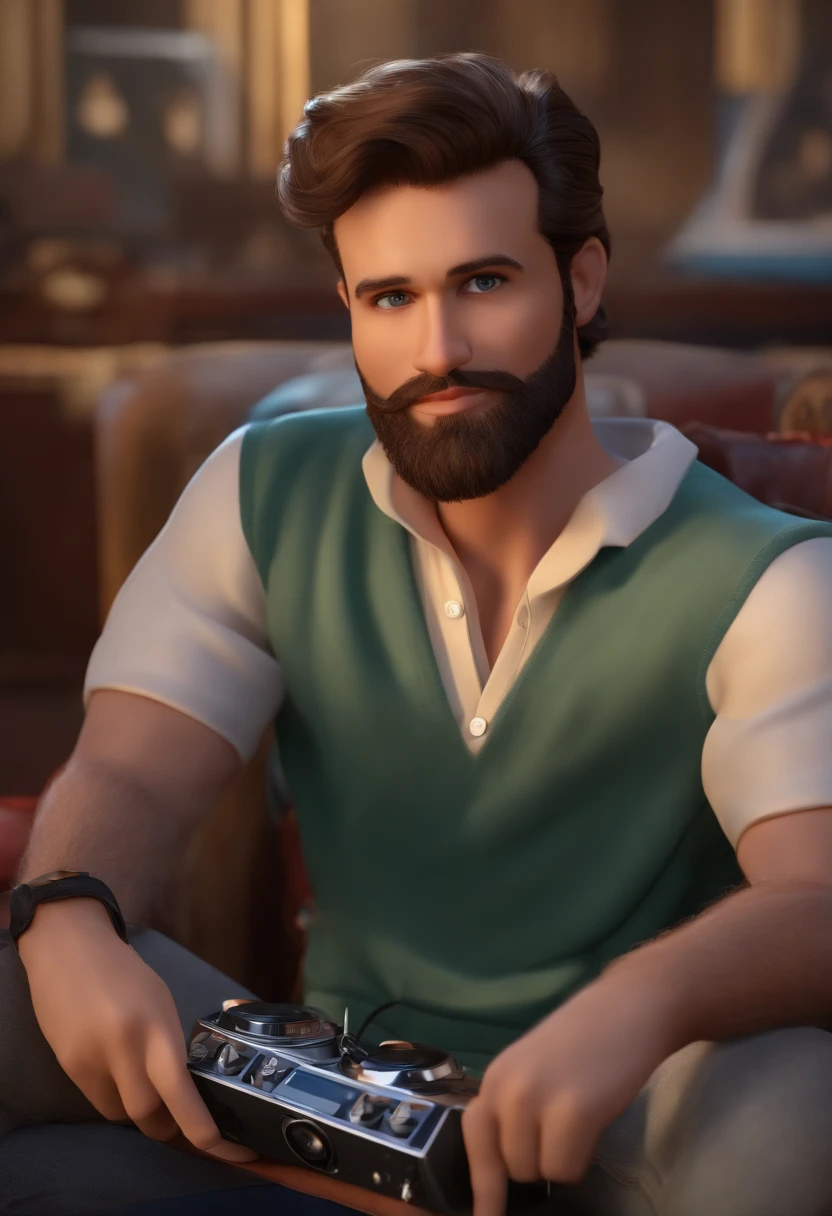 um homem, em breve, barba curta, olhos castanhos, com fones de ouvido, A music studio in the background, Imagem no estilo Pixar, Estilo de filme animado 3D, Disney, camiseta preta