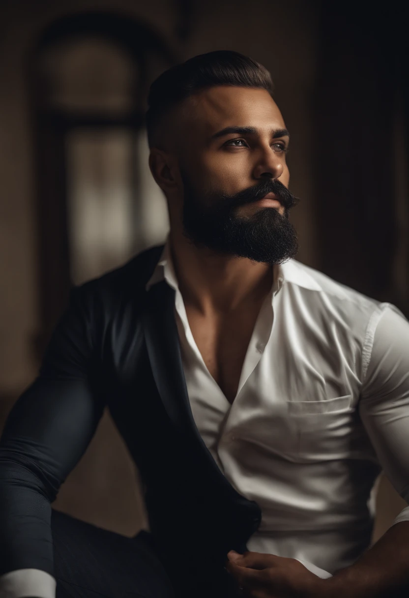 Homem africano musculoso com barba e bigode na camisa branca, best quality,4k,8k,homem muito atraente com barba, pelos faciais bem cuidados, FOFO, breath-taking, Realista, imagem ultrarrealista, Bigode Natural, macho velho,foto retrato suave 8 k, retrato muito detalhado, bigode grosso, estilo hiper-realista, barba fina e brilhante, pelos faciais curtos, Bartstoppeln, FOFO, rosto detalhado, retrato ultra realista, cabelos grisalhos,terno elegante, boca aberta,