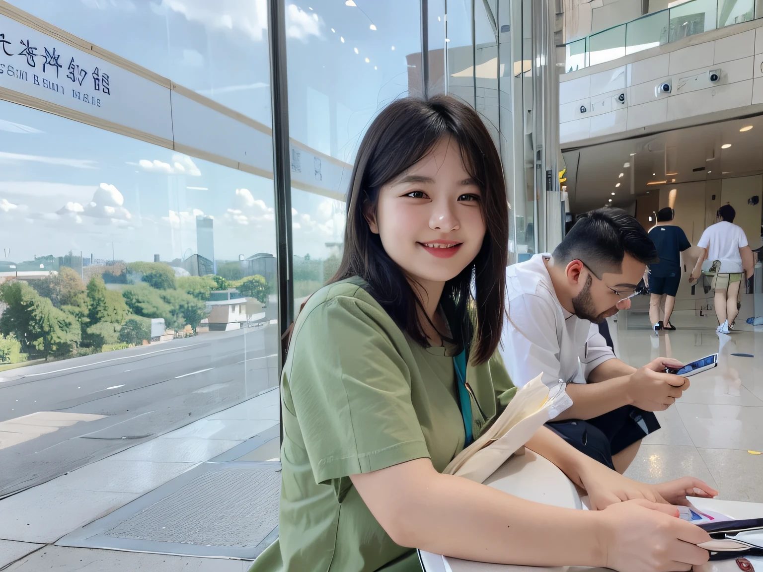 (one-girl),looking to the camera,ssmile,Green short sleeves,high high quality,high detal,Works of masters,best qualtiy,(depth of fields:1.5)