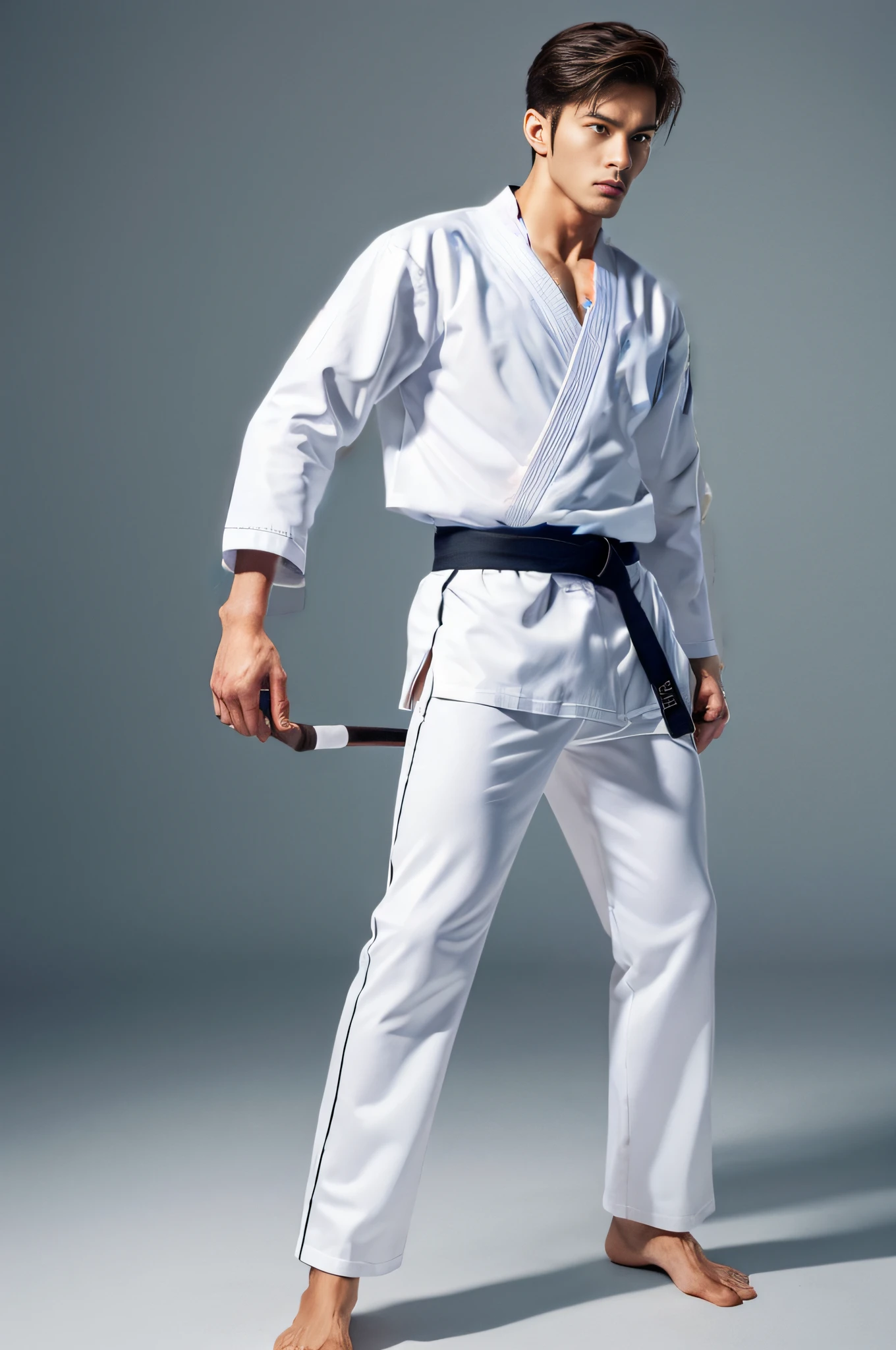 a picture, a handsome, Full body portrait of an attractive man, 8K, musculature, Beautiful face details, cool expression, shorth hair, Long muscular legs, bare-legged, Detailed muscular physique, a picture, (masterpiece, top-quality, top-quality, Official art), Stick out your fist, Large and dynamic movements, Photorealistic depiction,20yr old, Toned waist, White Karate Uniform, Karate Belt, White karate pants, Accurate depiction of details, Perfect skeleton, Look straight at your audience, sharp gaze