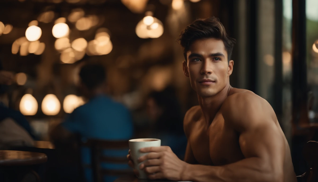 photo of stunning handsome muscular naked Thai men, no female, honey eyes, no shirt short messy windy light brown hair, flipping hair, closeup zoomed in tight crop portrait, sitting outdoors at a cafe, look you look at me, top-view (out door french coffee shop scene:1.2) (wearing no shirt:1.3) (coffee in hand:1.3) (Lighting-blue:1.2) foreground objects background details (masterpiece:1.2) (photorealistic:1.2) (bokeh:1.2) (best quality) (color grading) (detailed skin:1.3) (intricate) (8k) (HDR) (cinematic lighting:1.3) (sharp focus), messy windy hair Paris France