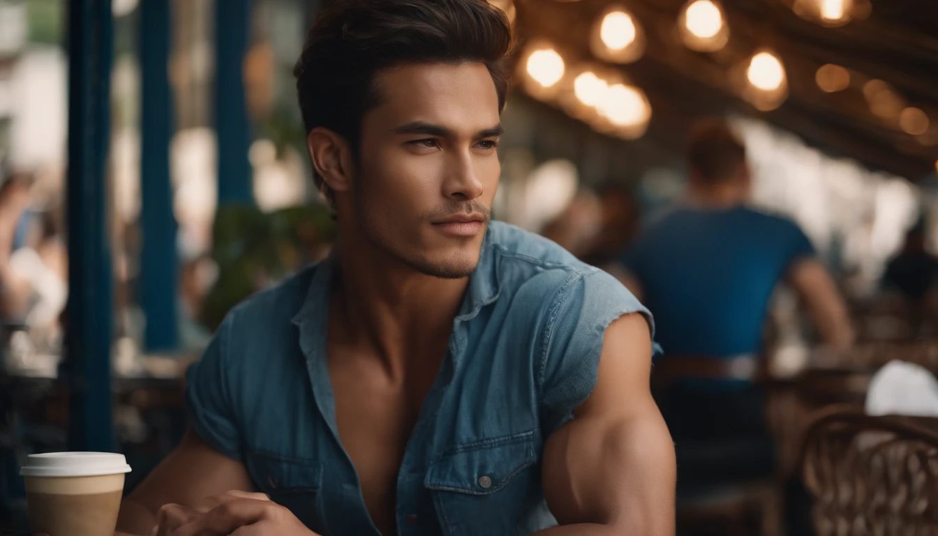 photo of stunning handsome muscular naked Thai men, no female, honey eyes, no shirt short messy windy light brown hair, flipping hair, closeup zoomed in tight crop portrait, sitting outdoors at a cafe, look you look at me, top-view (out door french coffee shop scene:1.2) (wearing no shirt:1.3) (coffee in hand:1.3) (Lighting-blue:1.2) foreground objects background details (masterpiece:1.2) (photorealistic:1.2) (bokeh:1.2) (best quality) (color grading) (detailed skin:1.3) (intricate) (8k) (HDR) (cinematic lighting:1.3) (sharp focus), messy windy hair Paris France