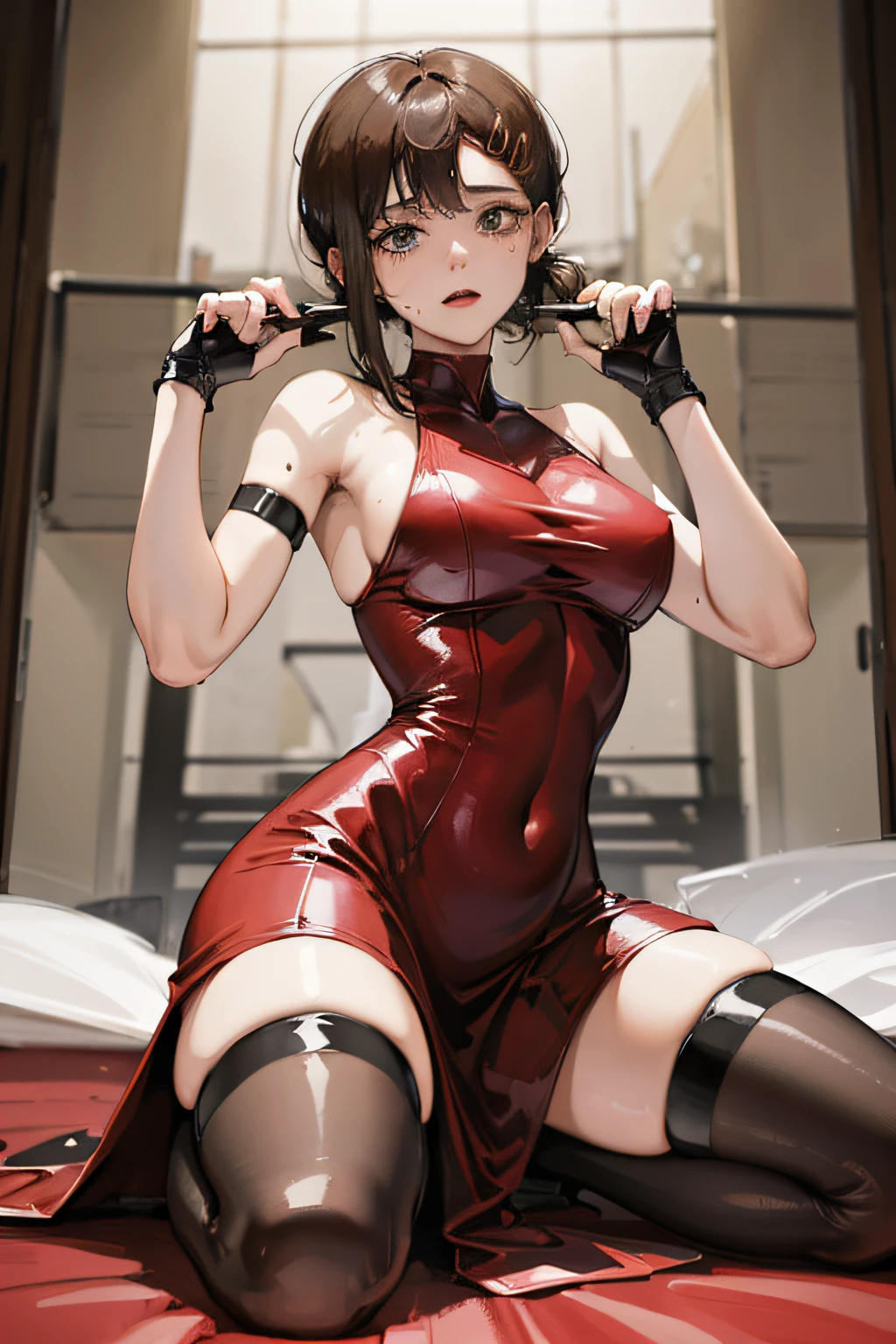 Meisterwerk, best quality, Ultra-detailliert, Illustration, dunkelheit, Sweat on the skin, isometrisch, A woman with big breasts and big thighs, ernst, braune Augen, schwarzes kurzes Haar, wears a tight red latex dress, besorgter Blick, wartende Pose in einem apokalyptischen Haus mit einer schrotflinte in der hand