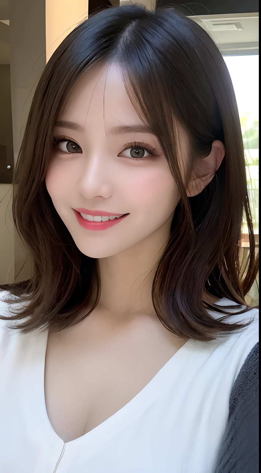 masutepiece, Best Quality, Illustration, Ultra-detailed, finely detail, hight resolution, 8K Wallpaper, Perfect dynamic composition, Beautiful detailed eyes, Women's Fashion Summer,Medium Hair,mid-chest, Natural Color Lip, Bold sexy poses,Smile,Harajuku、20 years girl、Cute、Sexy shot looking at camera